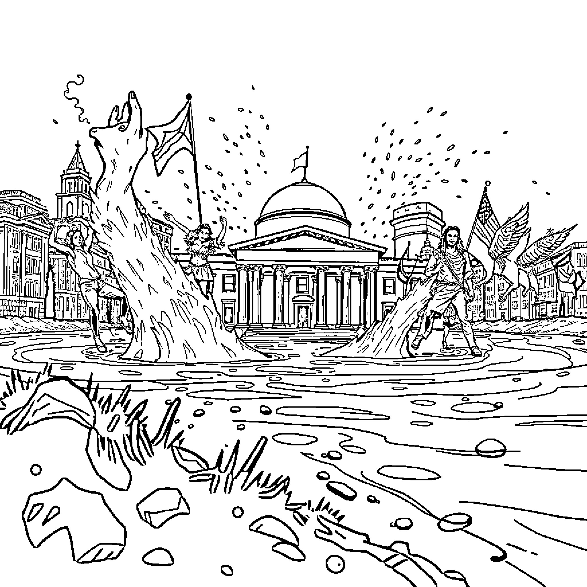 Politics in the Flooded City Coloring Page (free black-and-white line drawing printable PDF for all, from beginners to advanced learners, including children, teens, adults, and seniors)