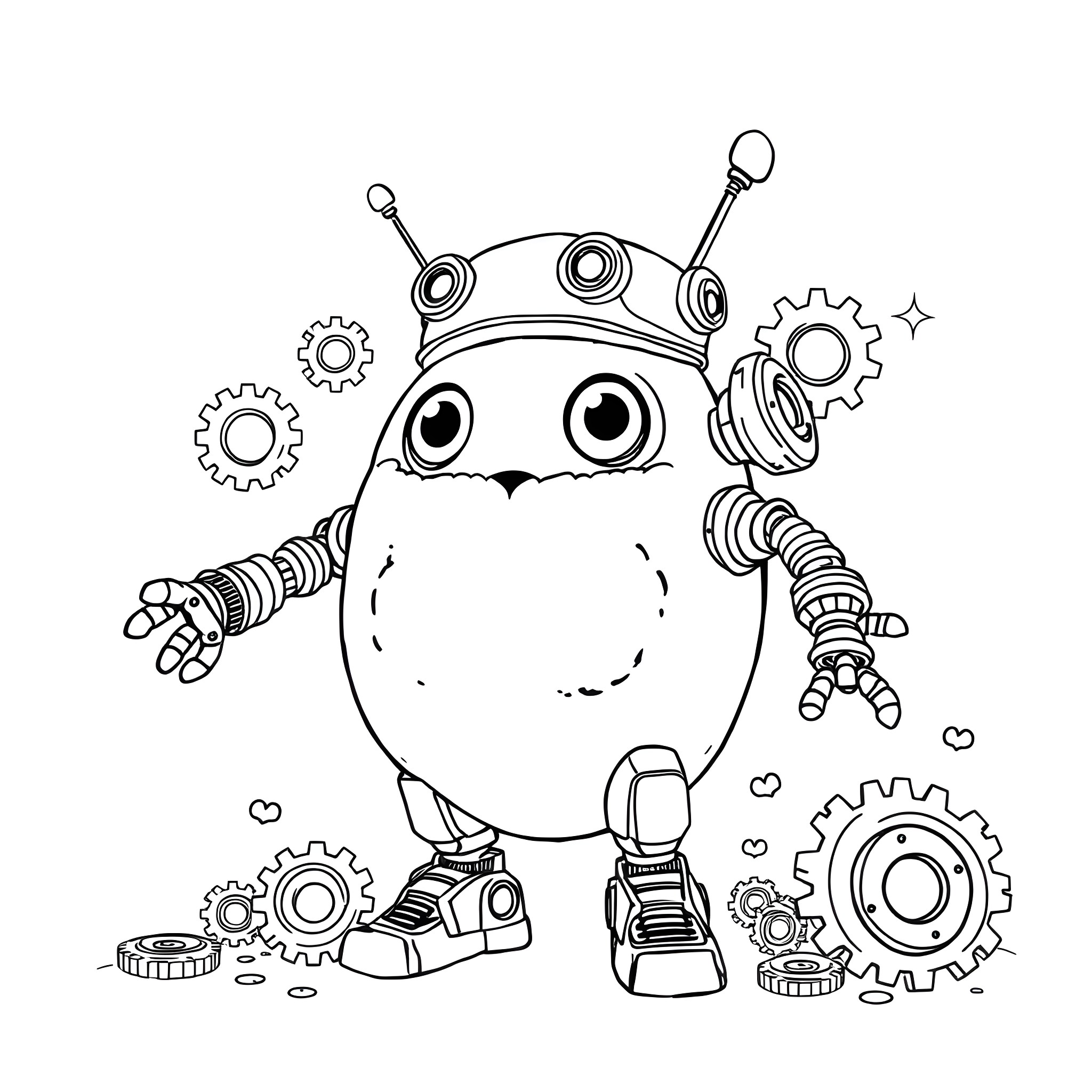 Egg Waffle Robot Tinkering with Gears and Cogs Coloring Page (free black-and-white line drawing printable PDF for all, from beginners to advanced learners, including children, teens, adults, and seniors)