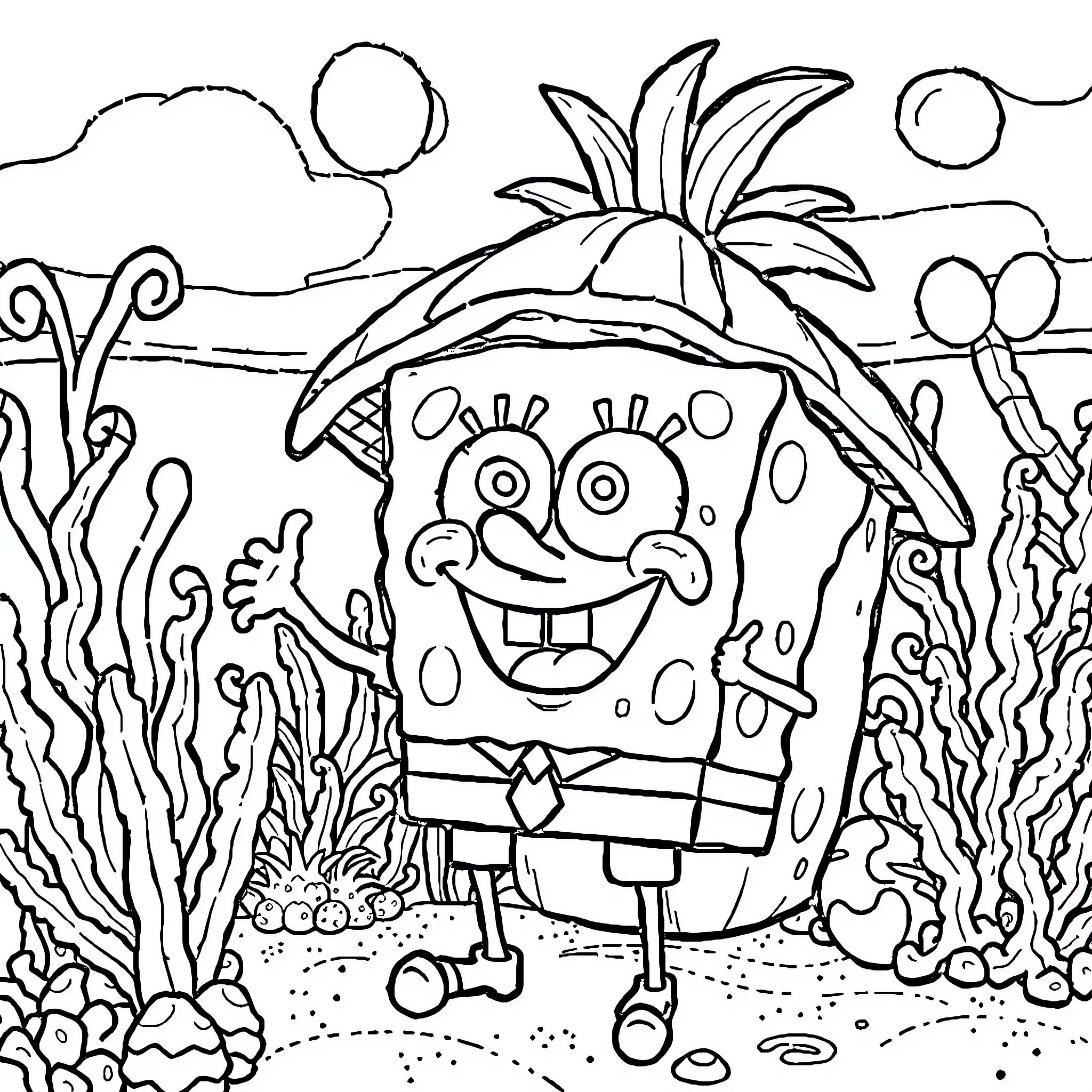 Spongebob enjoying a day at the beach Coloring Page (free black-and-white line drawing printable PDF for all, from beginners to advanced learners, including children, teens, adults, and seniors)