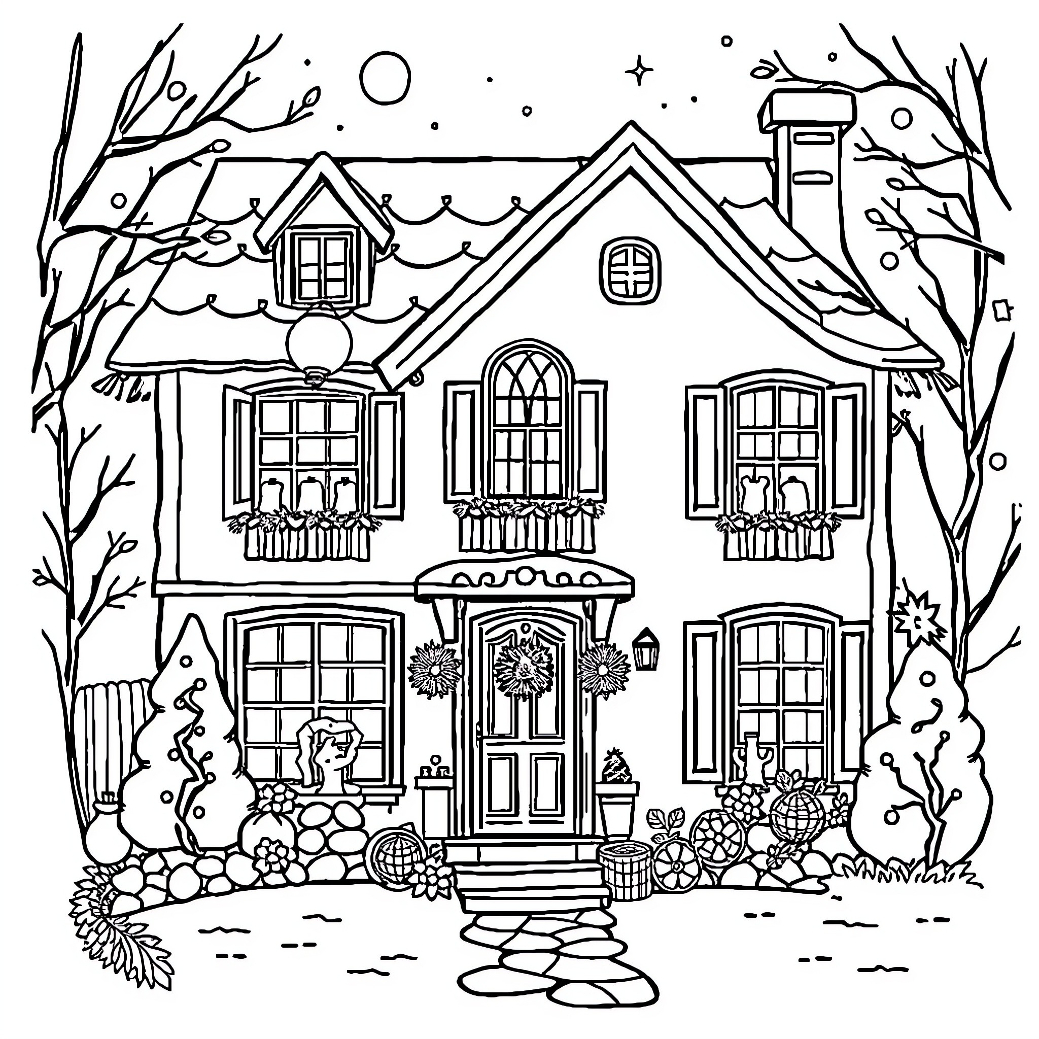 House with festive decor in winter scenery Coloring Page (free black-and-white line drawing printable PDF for all, from beginners to advanced learners, including children, teens, adults, and seniors)