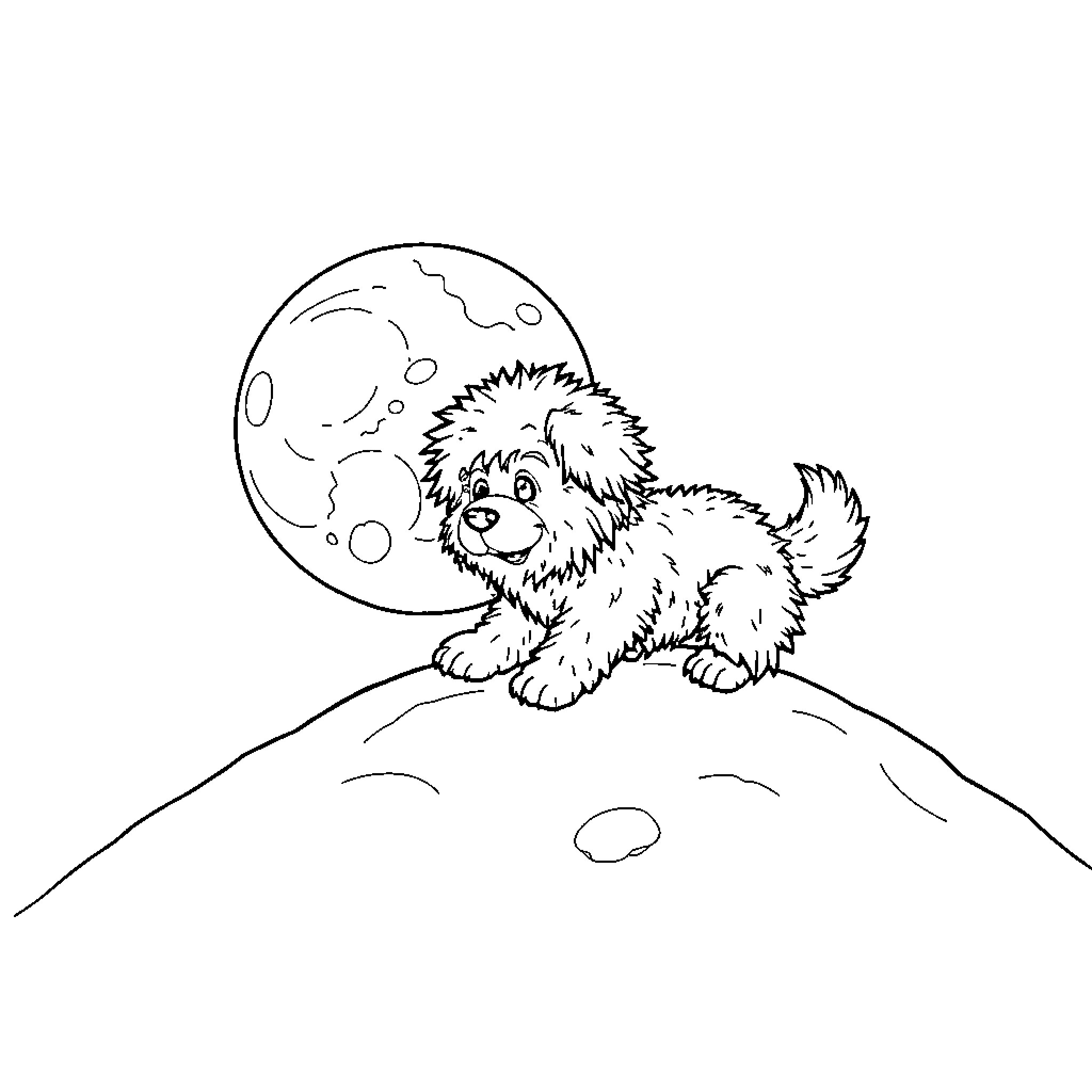 Dog gazing at the moon on a snowy night Coloring Page (free black-and-white line drawing printable PDF for all, from beginners to advanced learners, including children, teens, adults, and seniors)