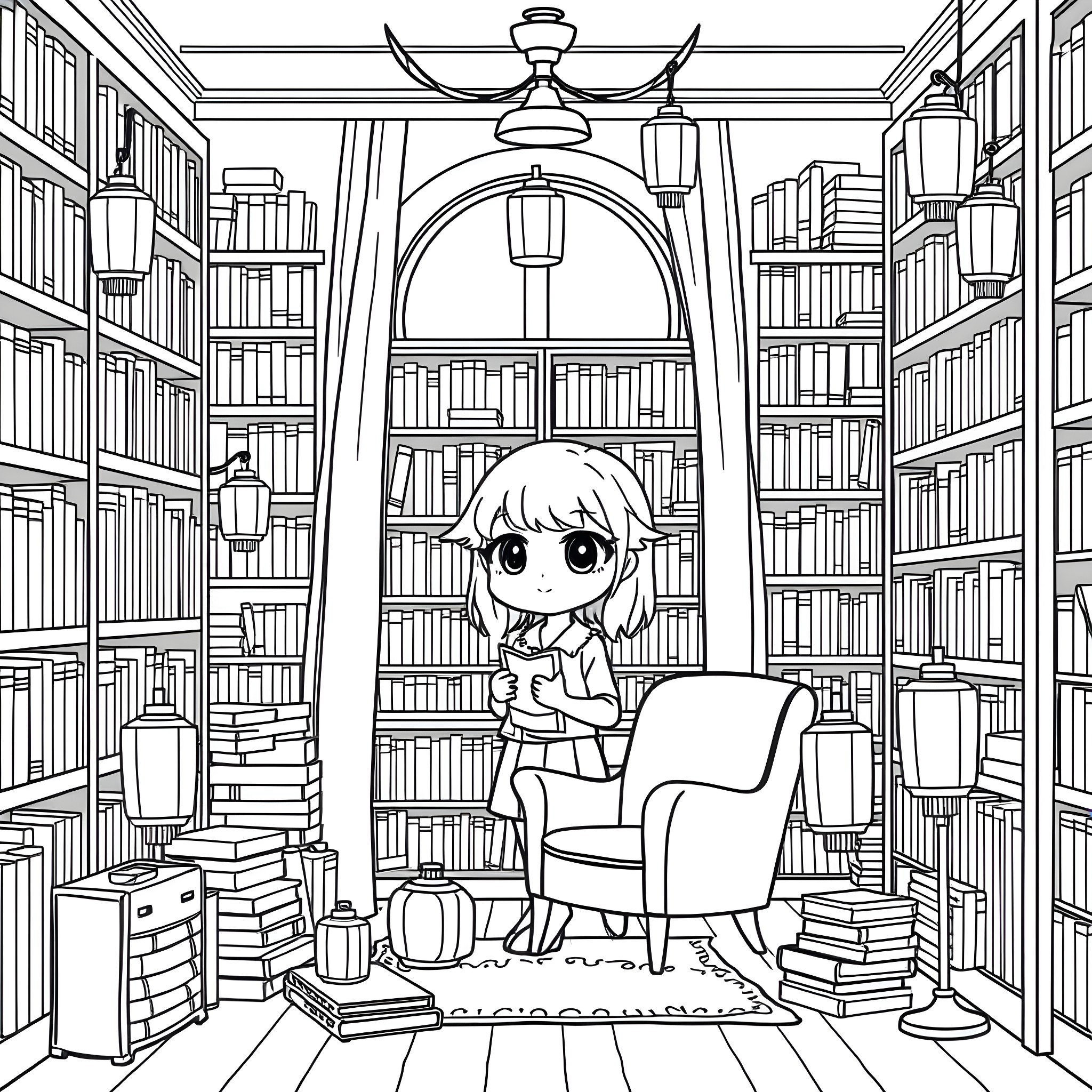 Librarian in a Cozy Library Coloring Page (free black-and-white line drawing printable PDF for all, from beginners to advanced learners, including children, teens, adults, and seniors)