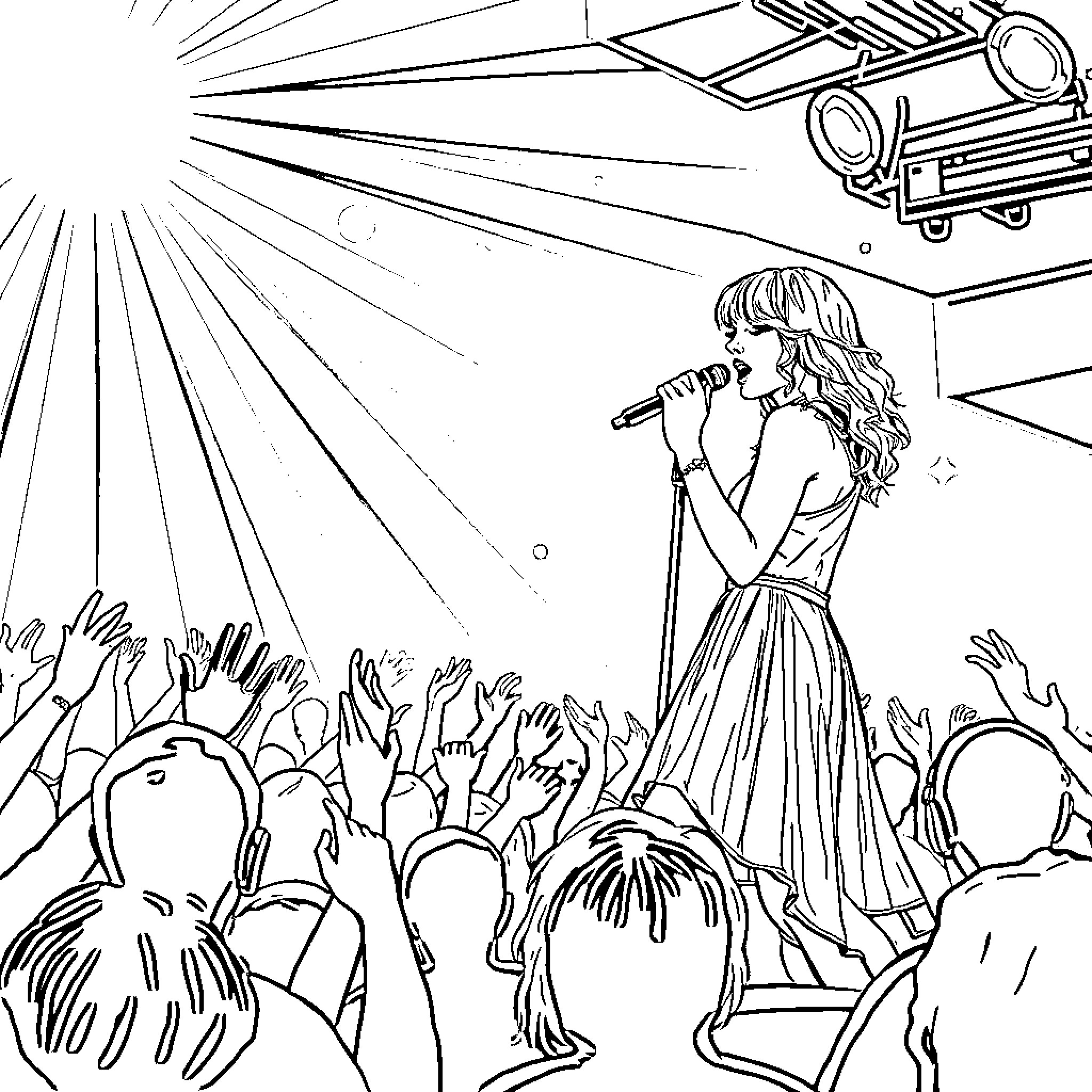 Taylor Swift performing on stage with adoring crowd Coloring Page (free black-and-white line drawing printable PDF for all, from beginners to advanced learners, including children, teens, adults, and seniors)