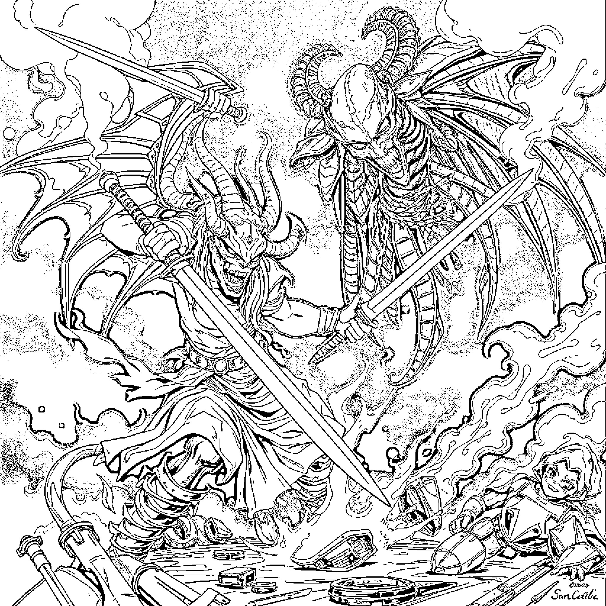 Demon Slayer Confronting Fierce Mythical Creature Coloring Page (free black-and-white line drawing printable PDF for all, from beginners to advanced learners, including children, teens, adults, and seniors)