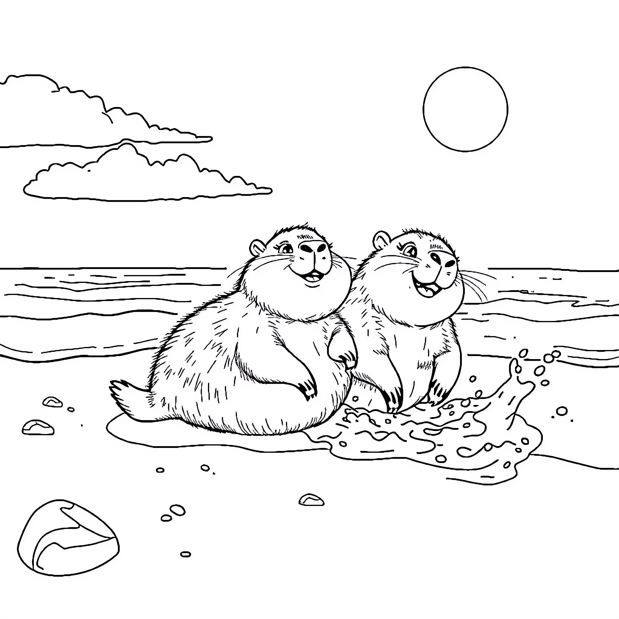 Capybara enjoying a sunny day by the water Coloring Page (free black-and-white line drawing printable PDF for all, from beginners to advanced learners, including children, teens, adults, and seniors)