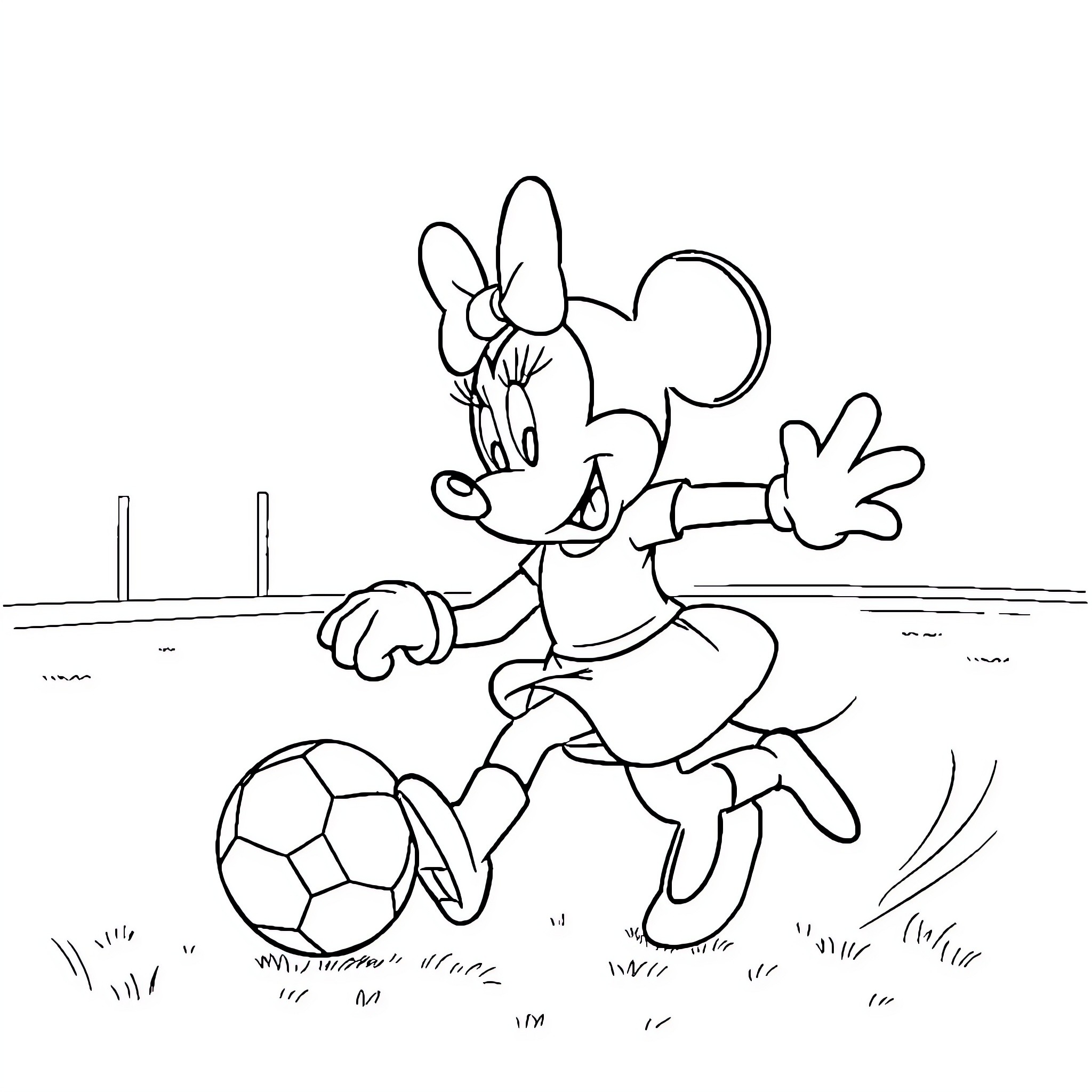 Minnie playing with a soccer ball on the field Coloring Page (free black-and-white line drawing printable PDF for all, from beginners to advanced learners, including children, teens, adults, and seniors)