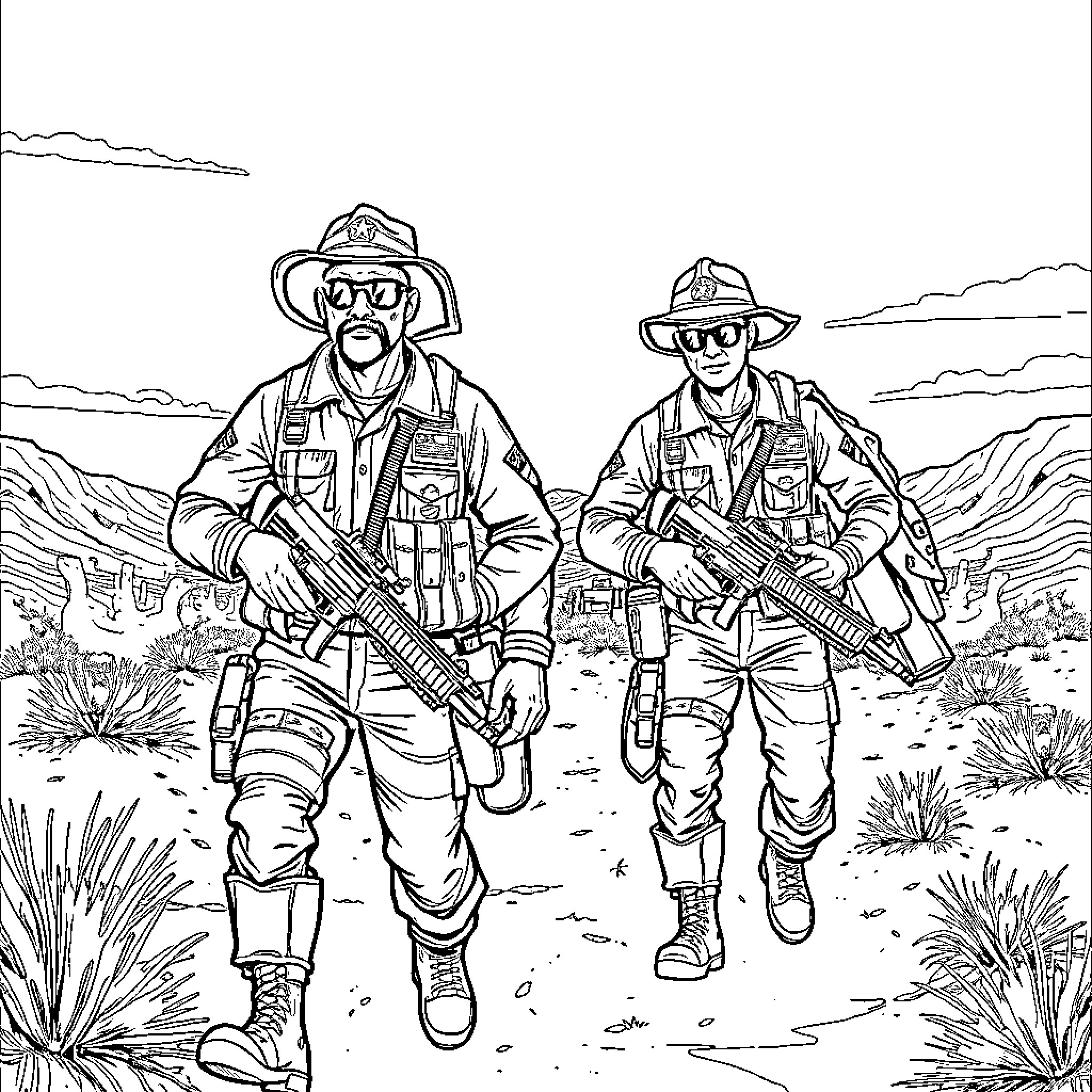 Minutemen Soldiers Patrolling Rugged Terrain Coloring Page (free black-and-white line drawing printable PDF for all, from beginners to advanced learners, including children, teens, adults, and seniors)