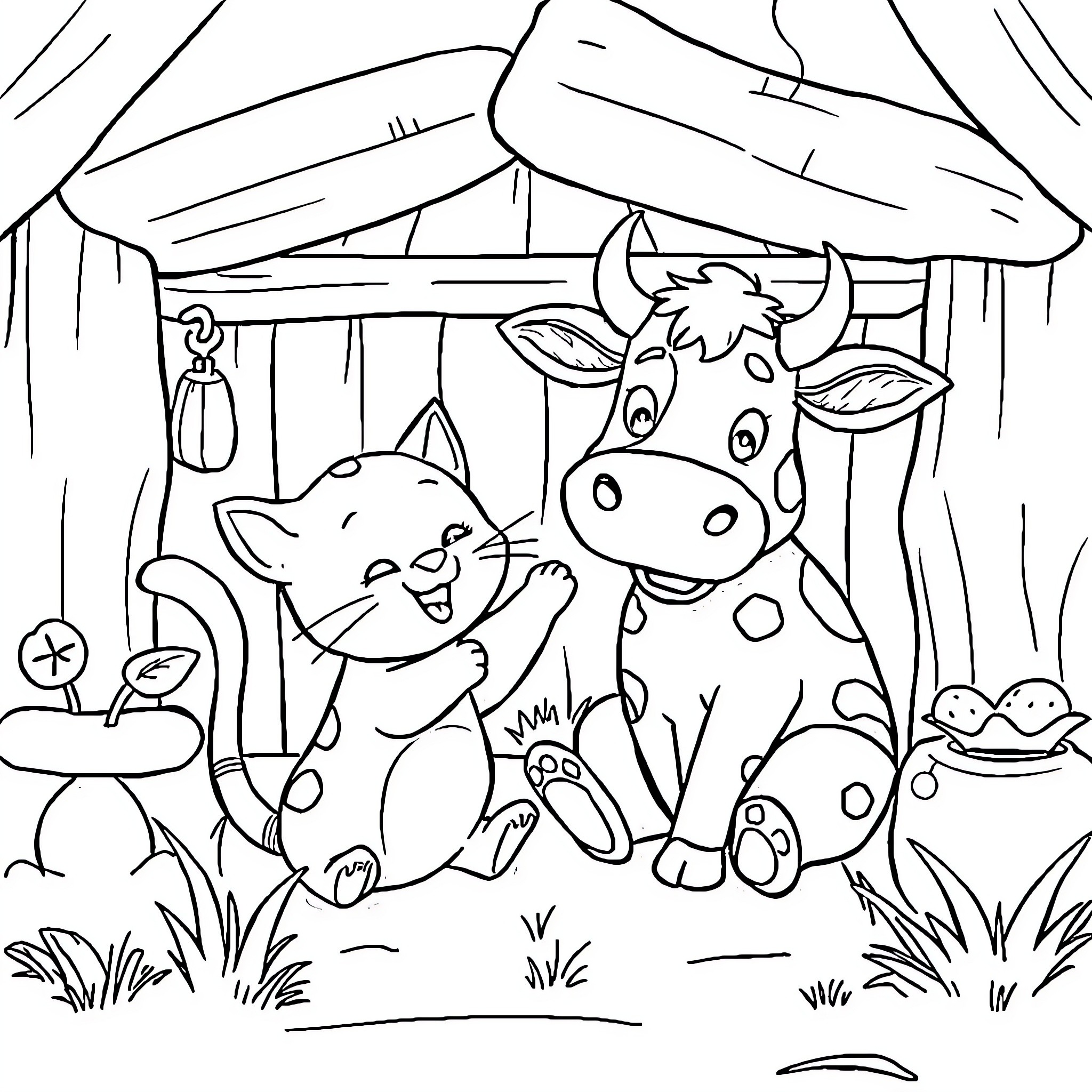 Cat and Cow in Playful Farmyard Scene Coloring Page (free black-and-white line drawing printable PDF for all, from beginners to advanced learners, including children, teens, adults, and seniors)