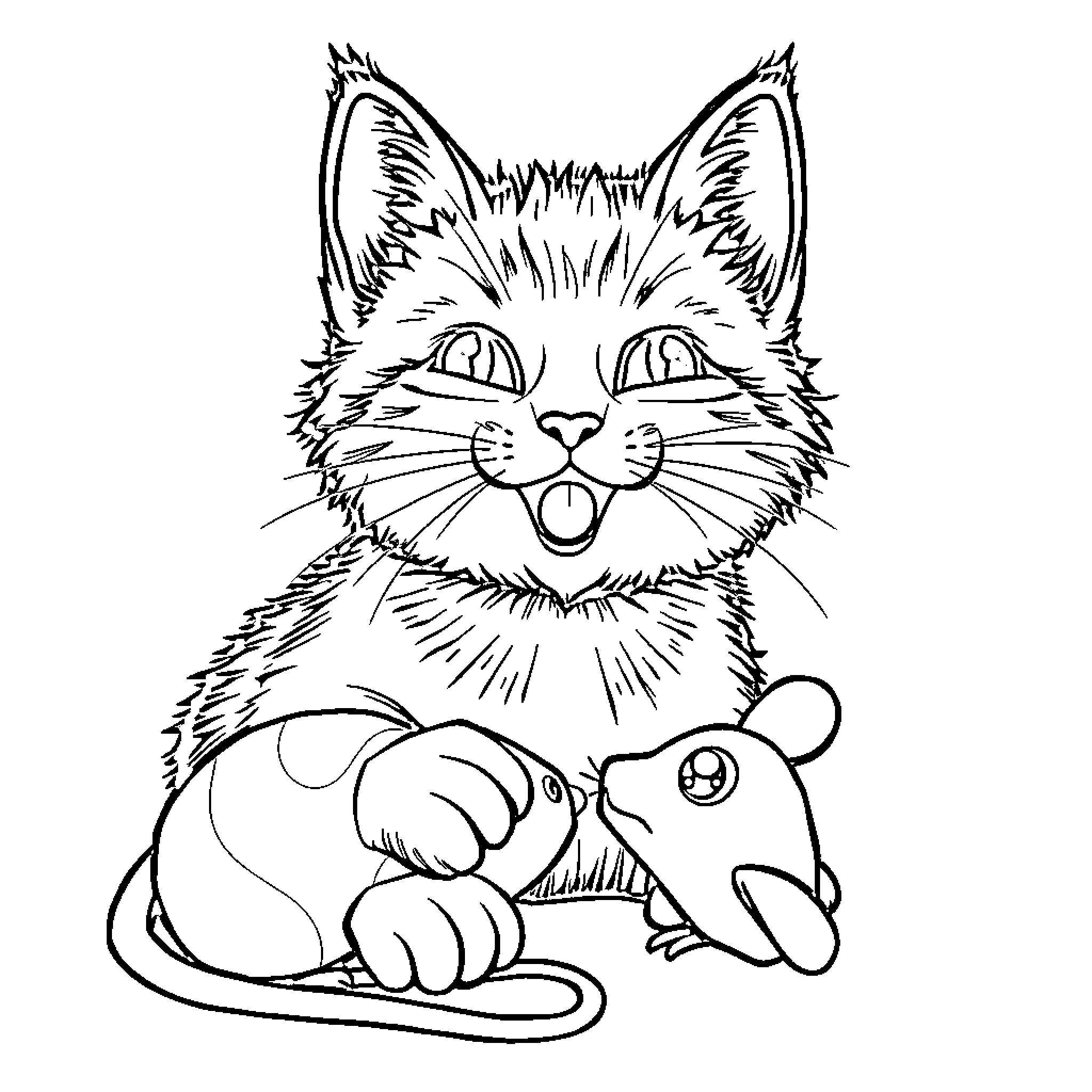 Cat playing with mouse cartoon Coloring Page (free black-and-white line drawing printable PDF for all, from beginners to advanced learners, including children, teens, adults, and seniors)