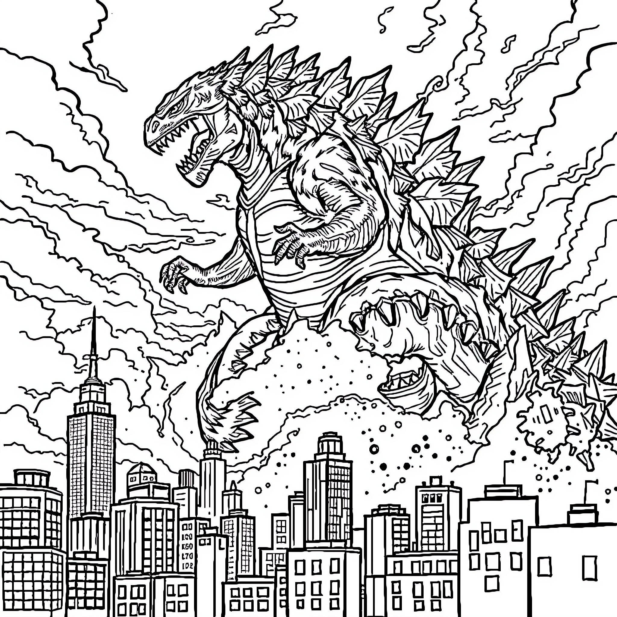 Godzilla rampaging through the city skyline Coloring Page (free black-and-white line drawing printable PDF for all, from beginners to advanced learners, including children, teens, adults, and seniors)