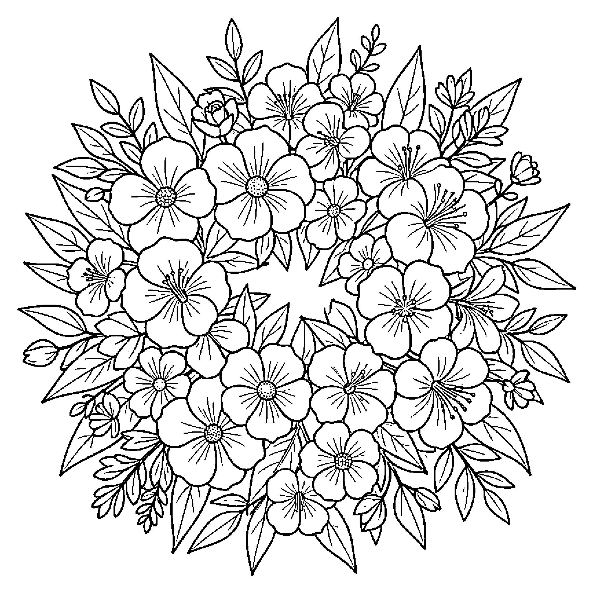 Flower bouquet with intricate floral designs Coloring Page (free black-and-white line drawing printable PDF for all, from beginners to advanced learners, including children, teens, adults, and seniors)