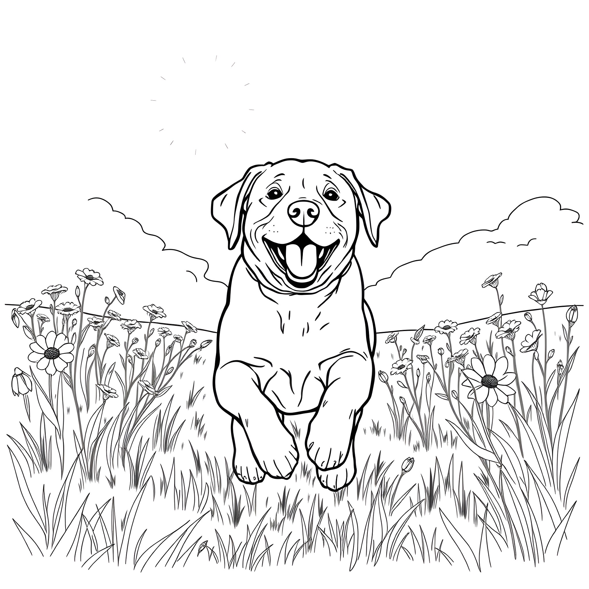 Labrador enjoying nature's beauty in the meadow Coloring Page (free black-and-white line drawing printable PDF for all, from beginners to advanced learners, including children, teens, adults, and seniors)