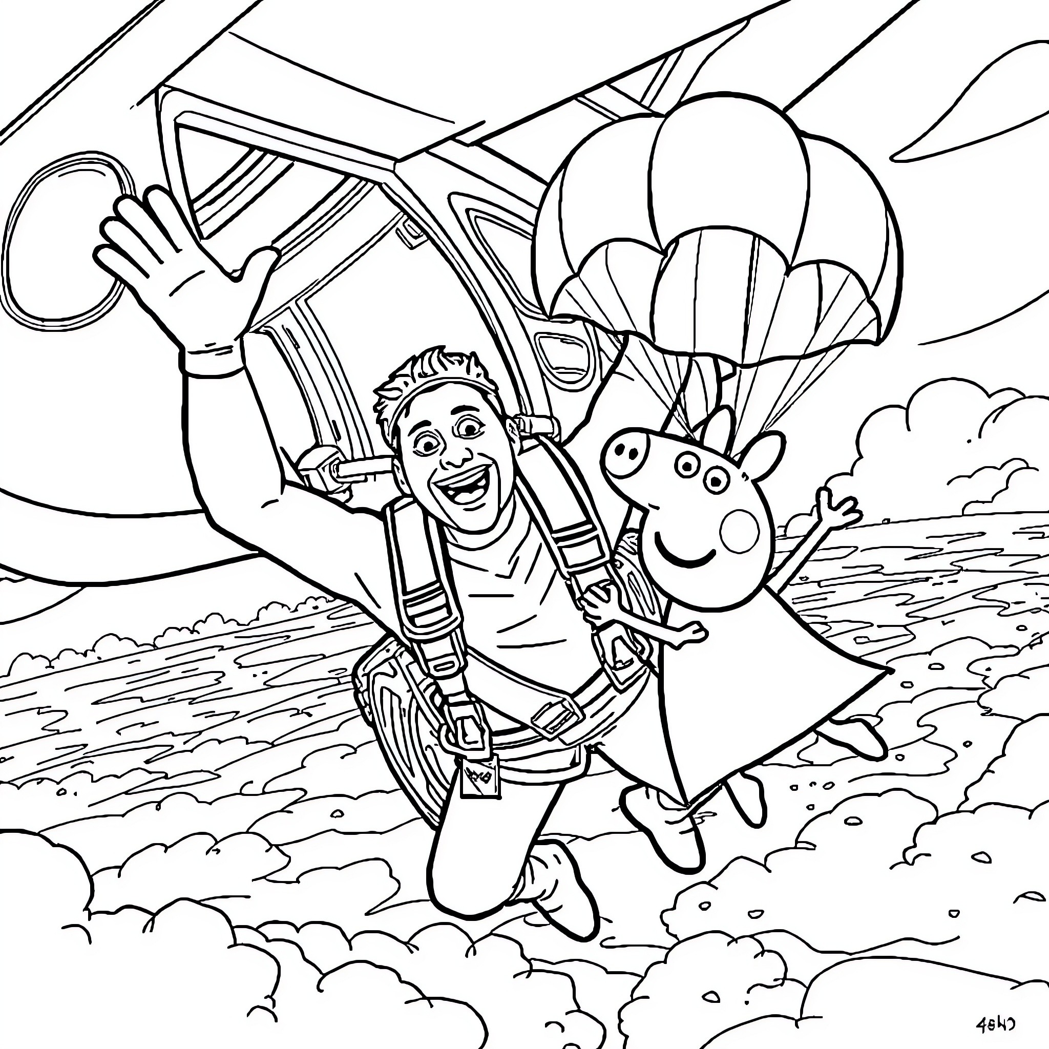 John Cena skydives with cartoon character Coloring Page (free black-and-white line drawing printable PDF for all, from beginners to advanced learners, including children, teens, adults, and seniors)