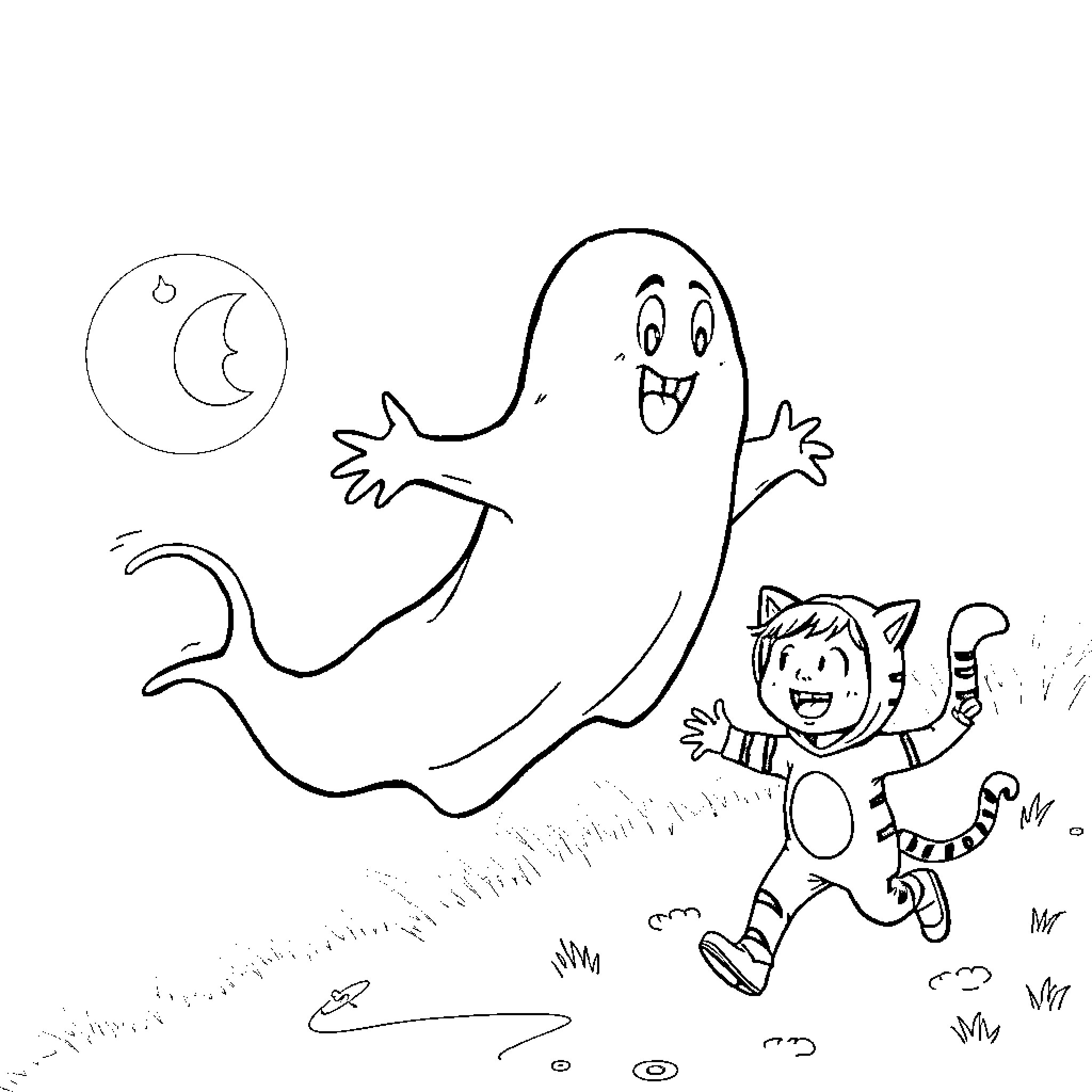 Ghost and cat playing in the moonlight Coloring Page (free black-and-white line drawing printable PDF for all, from beginners to advanced learners, including children, teens, adults, and seniors)