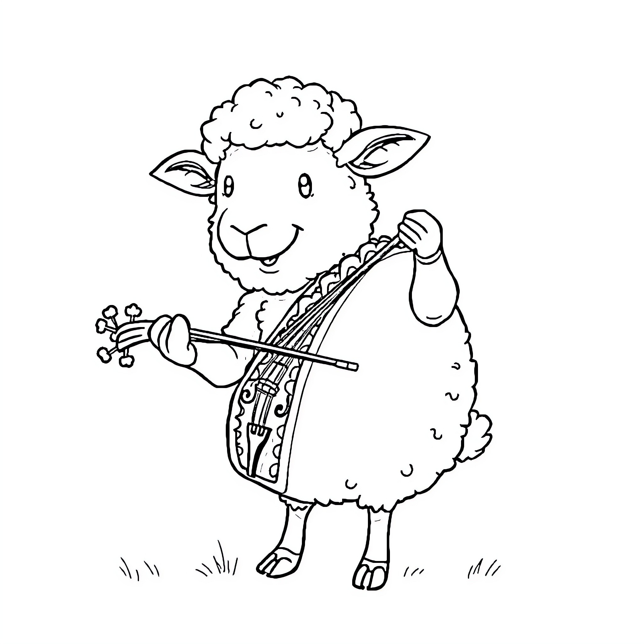 Sheep playing a musical instrument happily Coloring Page (free black-and-white line drawing printable PDF for all, from beginners to advanced learners, including children, teens, adults, and seniors)