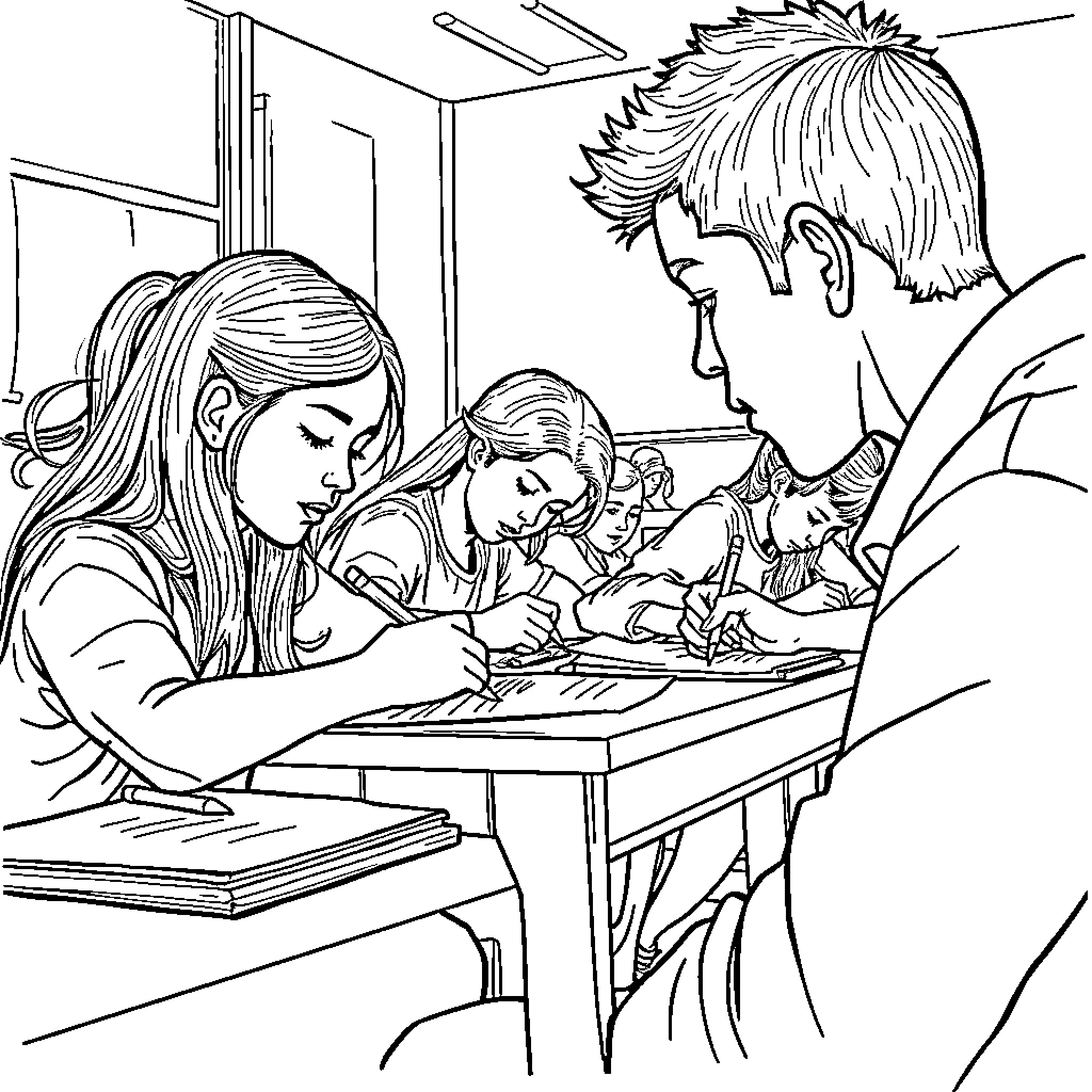 Classroom Students Focused on Schoolwork Coloring Page (free black-and-white line drawing printable PDF for all, from beginners to advanced learners, including children, teens, adults, and seniors)