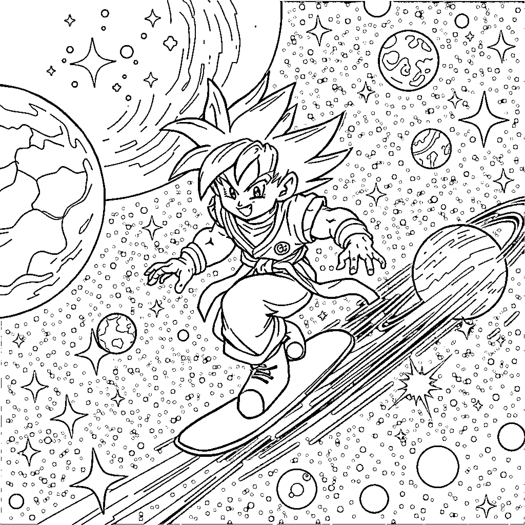 Goku's cosmic adventure through the galaxy Coloring Page (free black-and-white line drawing printable PDF for all, from beginners to advanced learners, including children, teens, adults, and seniors)