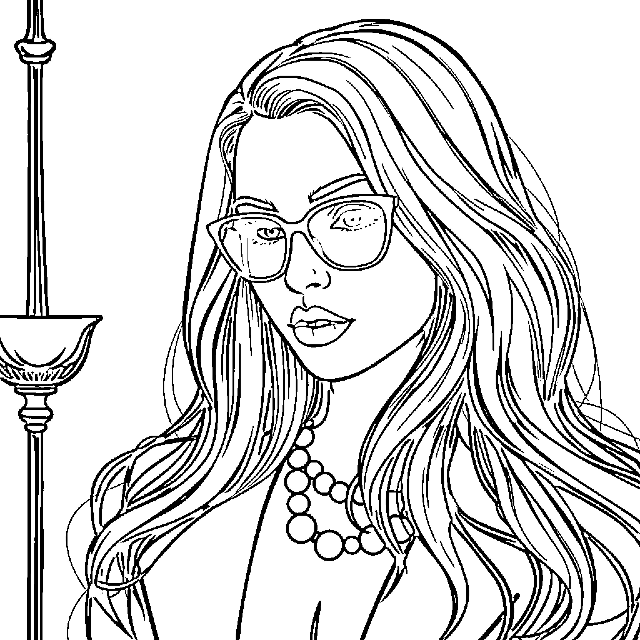 Rouge Woman Gazing Pensively in City Landscape Coloring Page (free black-and-white line drawing printable PDF for all, from beginners to advanced learners, including children, teens, adults, and seniors)