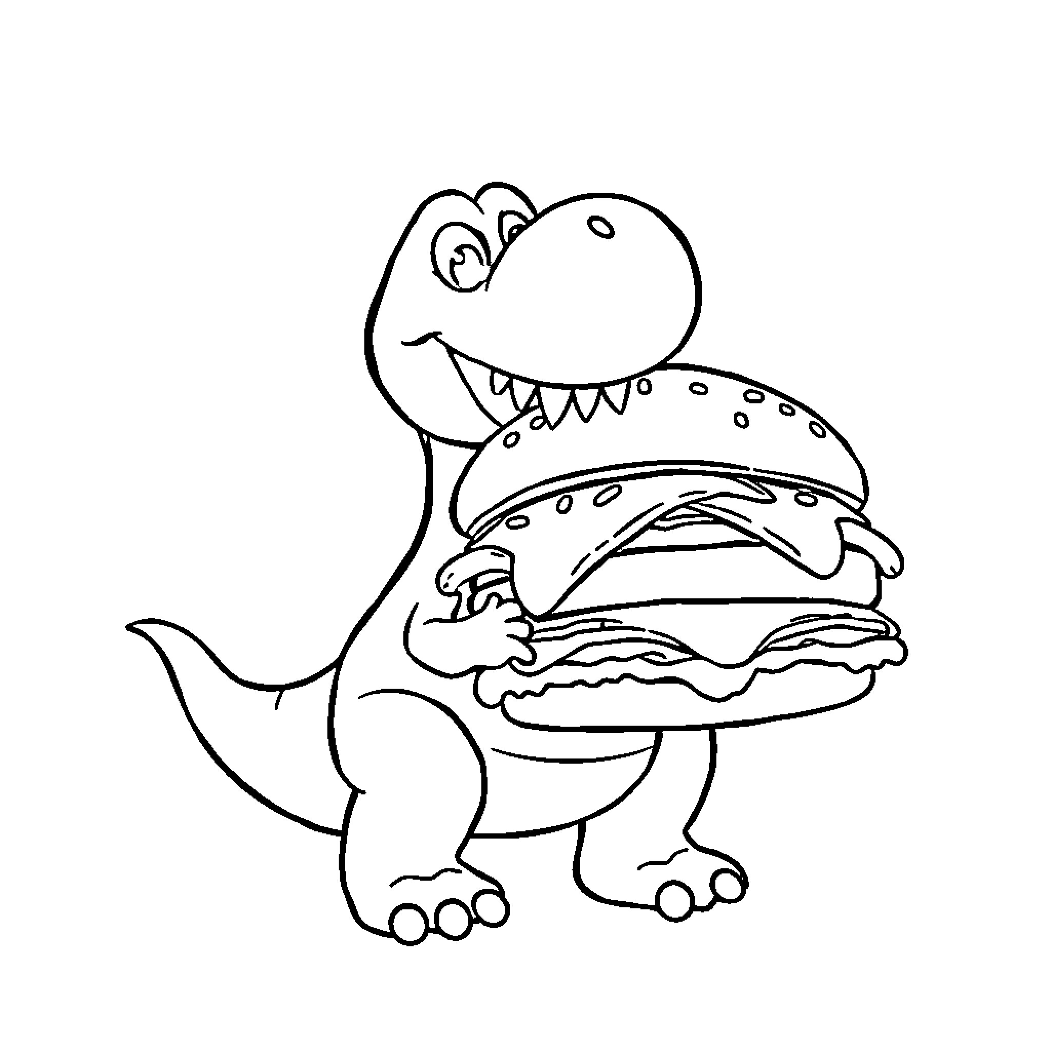 Dinosaur eating a hamburger happily Coloring Page (free black-and-white line drawing printable PDF for all, from beginners to advanced learners, including children, teens, adults, and seniors)