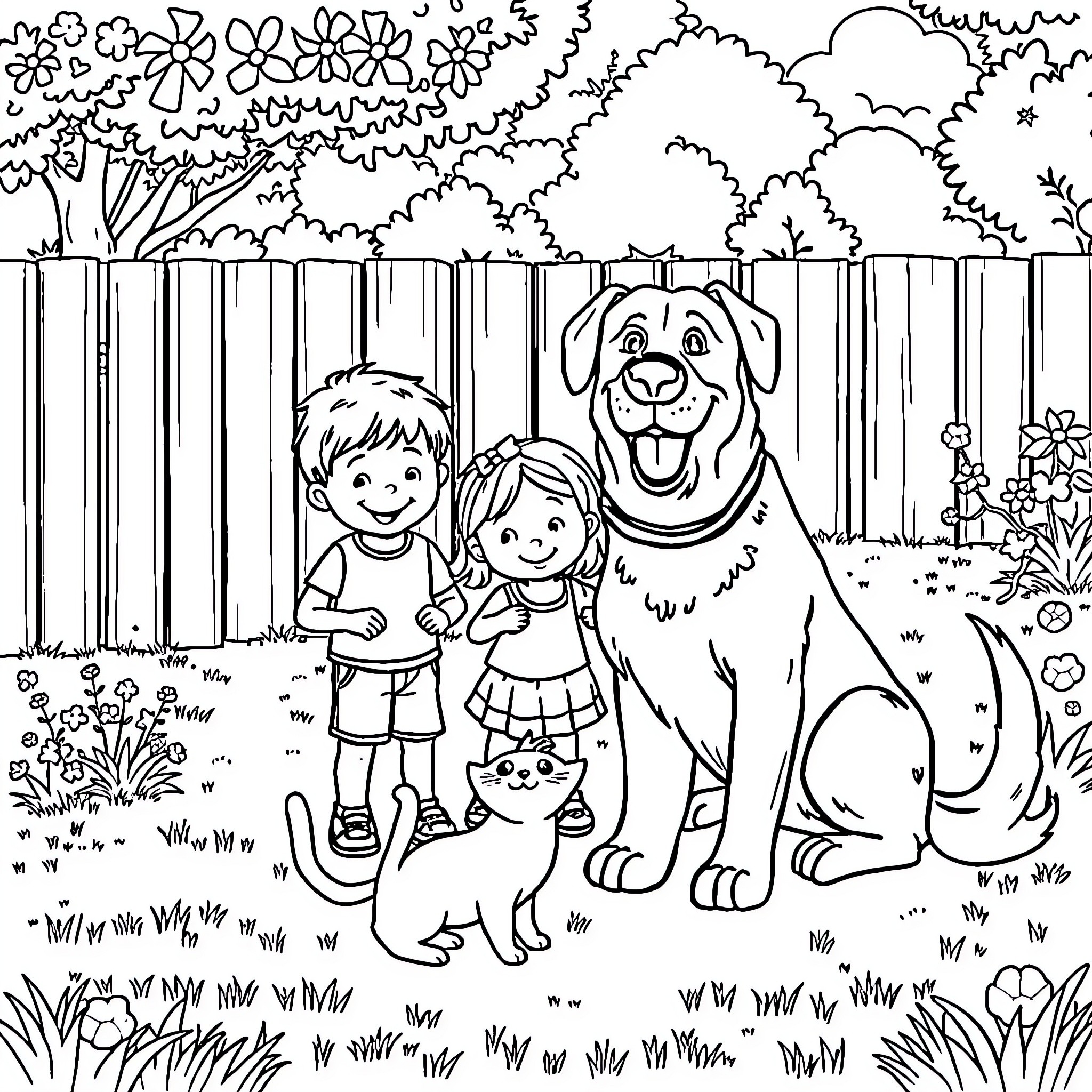 Boy and Girl Playing with Happy Dog in Backyard Coloring Page (free black-and-white line drawing printable PDF for all, from beginners to advanced learners, including children, teens, adults, and seniors)