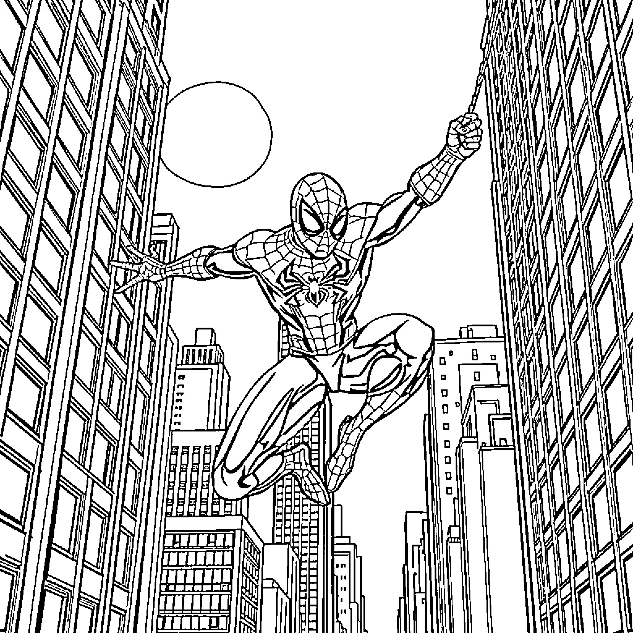 Spiderman swinging through city skyscrapers Coloring Page (free black-and-white line drawing printable PDF for all, from beginners to advanced learners, including children, teens, adults, and seniors)