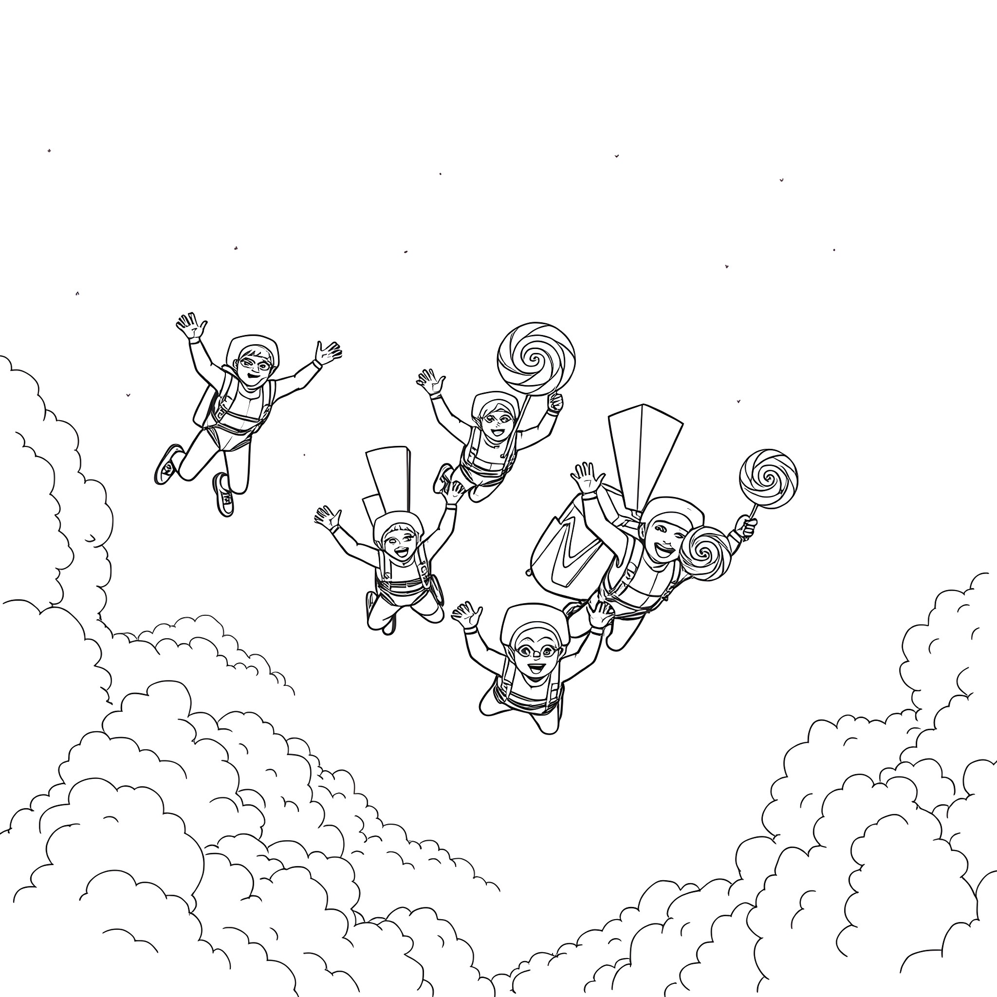 Skydiver team performing acrobatic stunts in the air Coloring Page (free black-and-white line drawing printable PDF for all, from beginners to advanced learners, including children, teens, adults, and seniors)