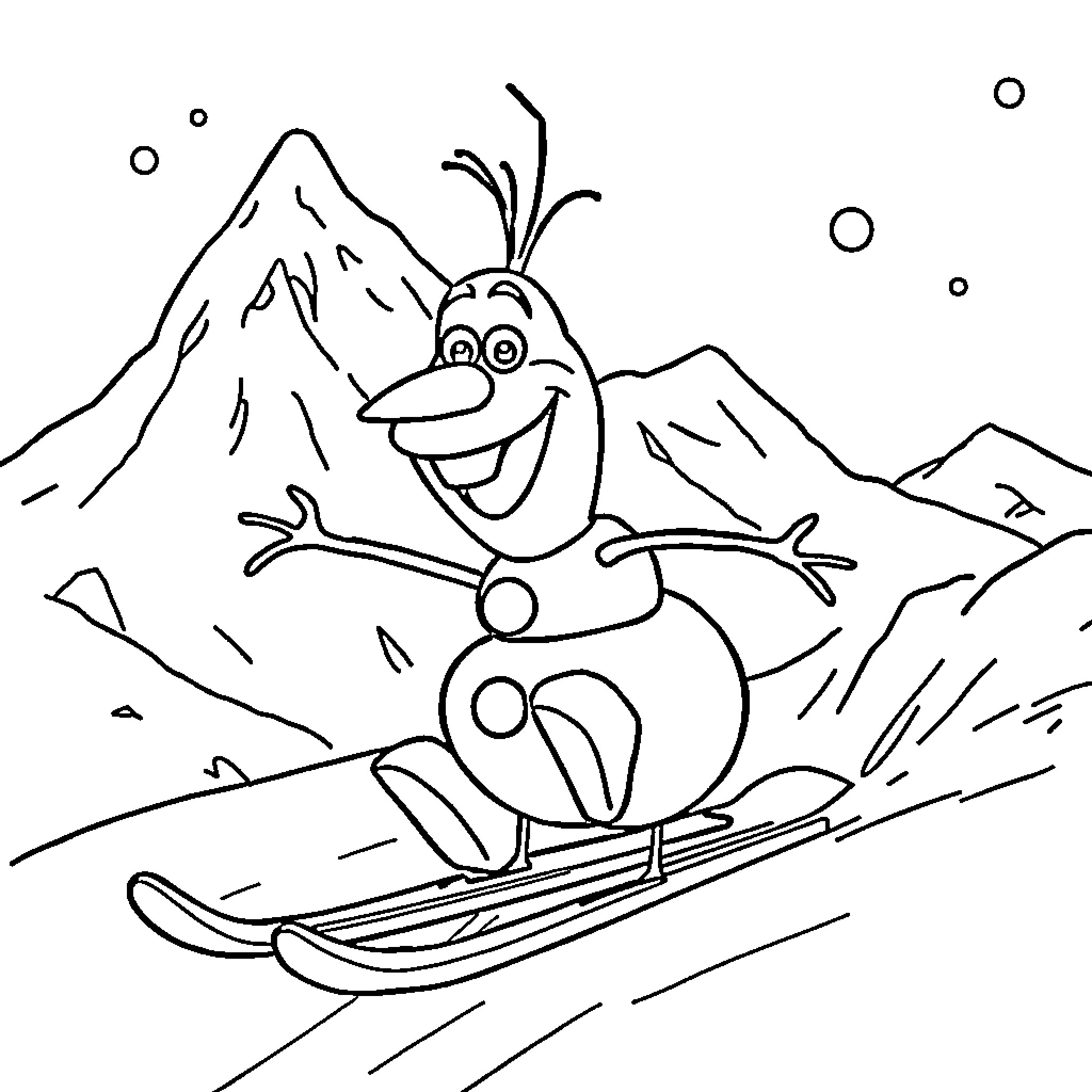 Olaf the snowman happily sledding down the slopes Coloring Page (free black-and-white line drawing printable PDF for all, from beginners to advanced learners, including children, teens, adults, and seniors)