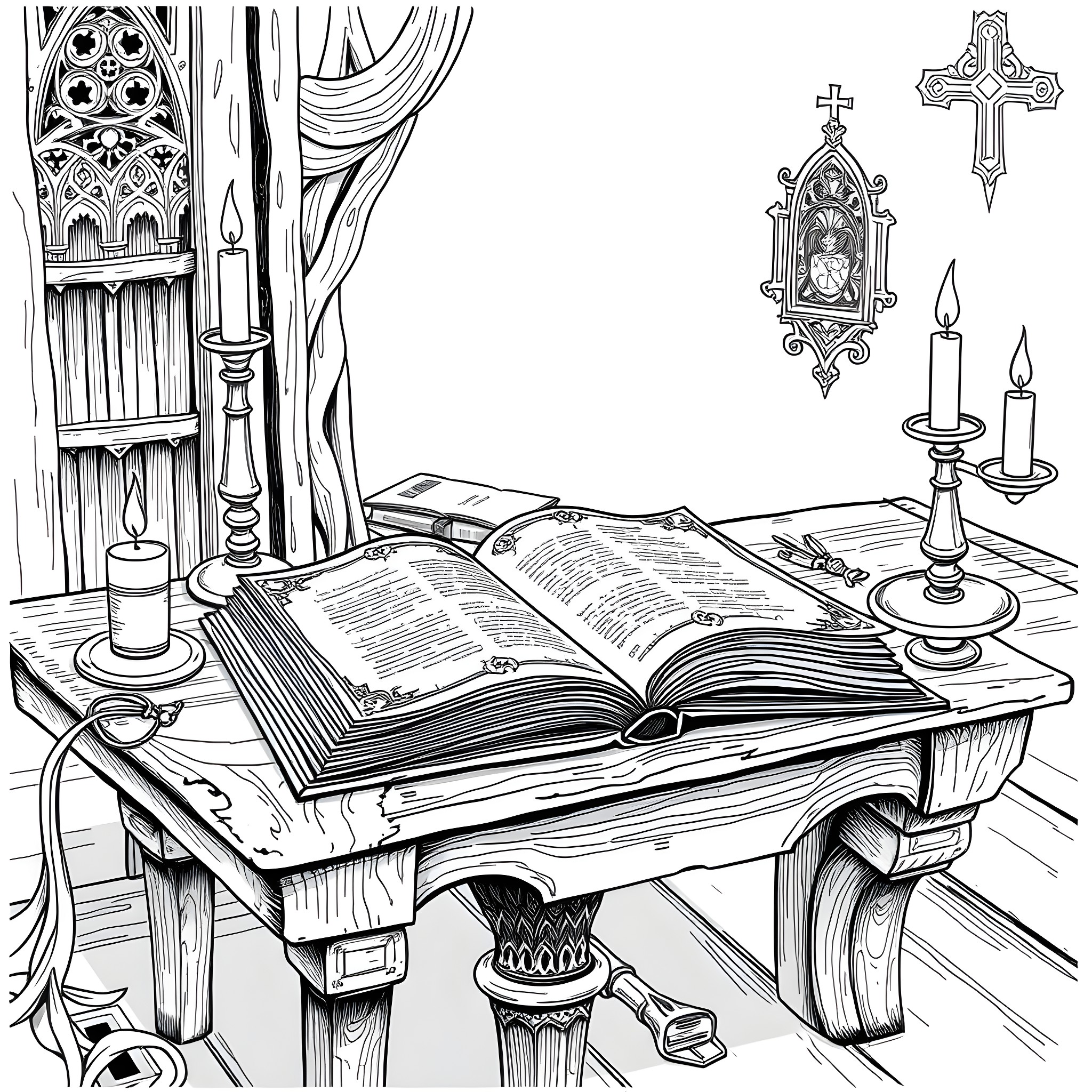 Book of Scriptures on Wooden Lectern with Religious Symbols Coloring Page (free black-and-white line drawing printable PDF for all, from beginners to advanced learners, including children, teens, adults, and seniors)