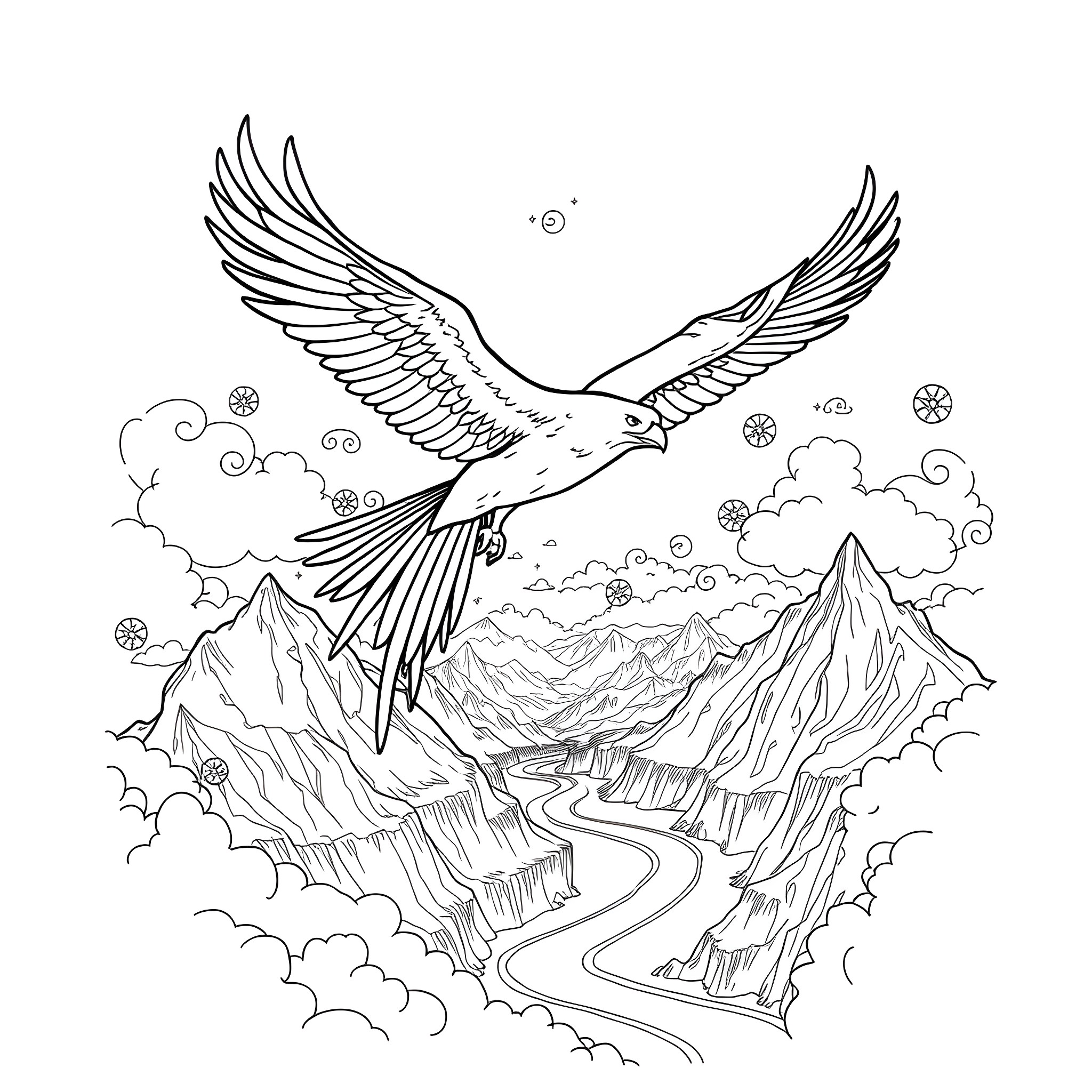 Thunderbird soaring over a mountainous landscape Coloring Page (free black-and-white line drawing printable PDF for all, from beginners to advanced learners, including children, teens, adults, and seniors)