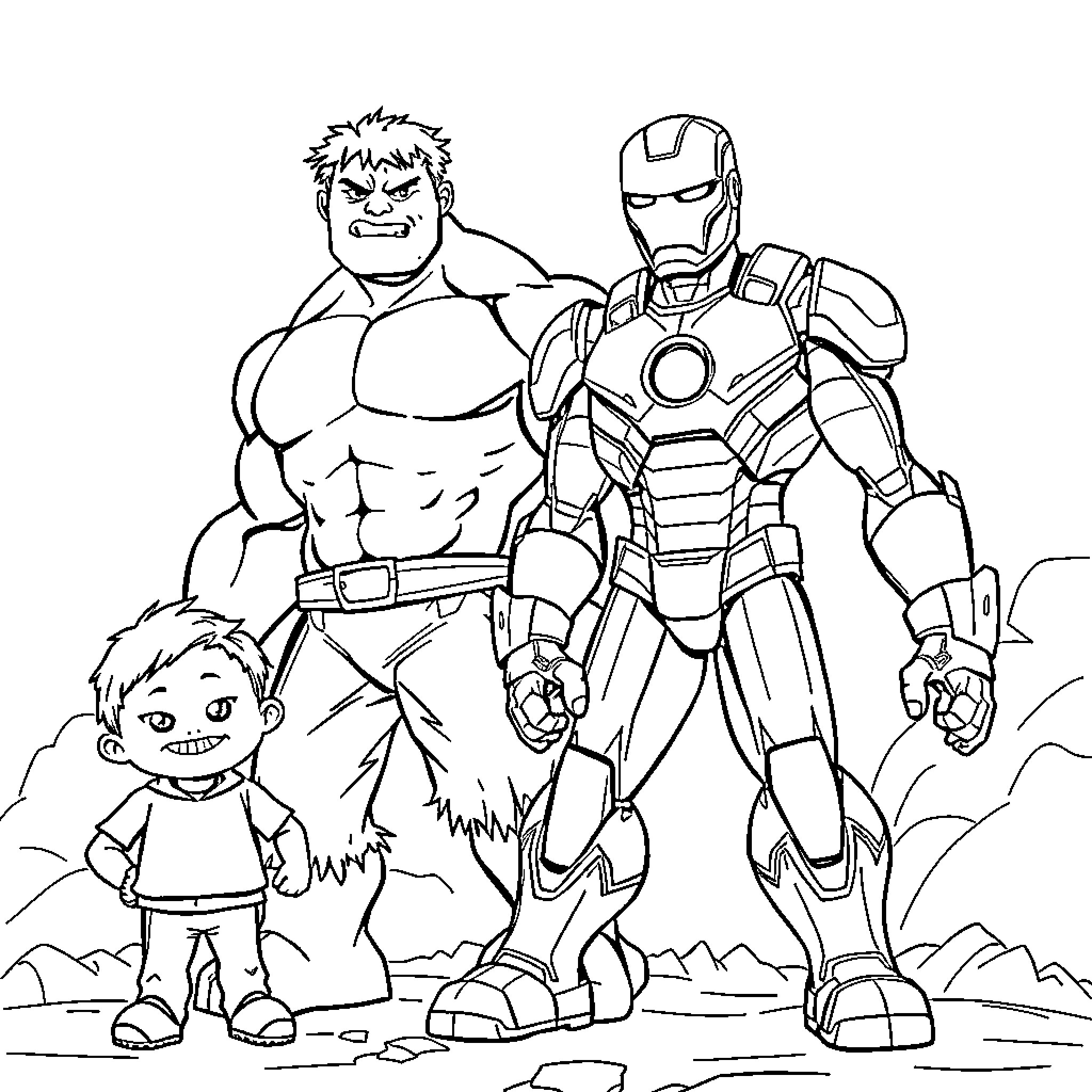 Hulk and Iron Man team up for heroic adventure Coloring Page (free black-and-white line drawing printable PDF for all, from beginners to advanced learners, including children, teens, adults, and seniors)