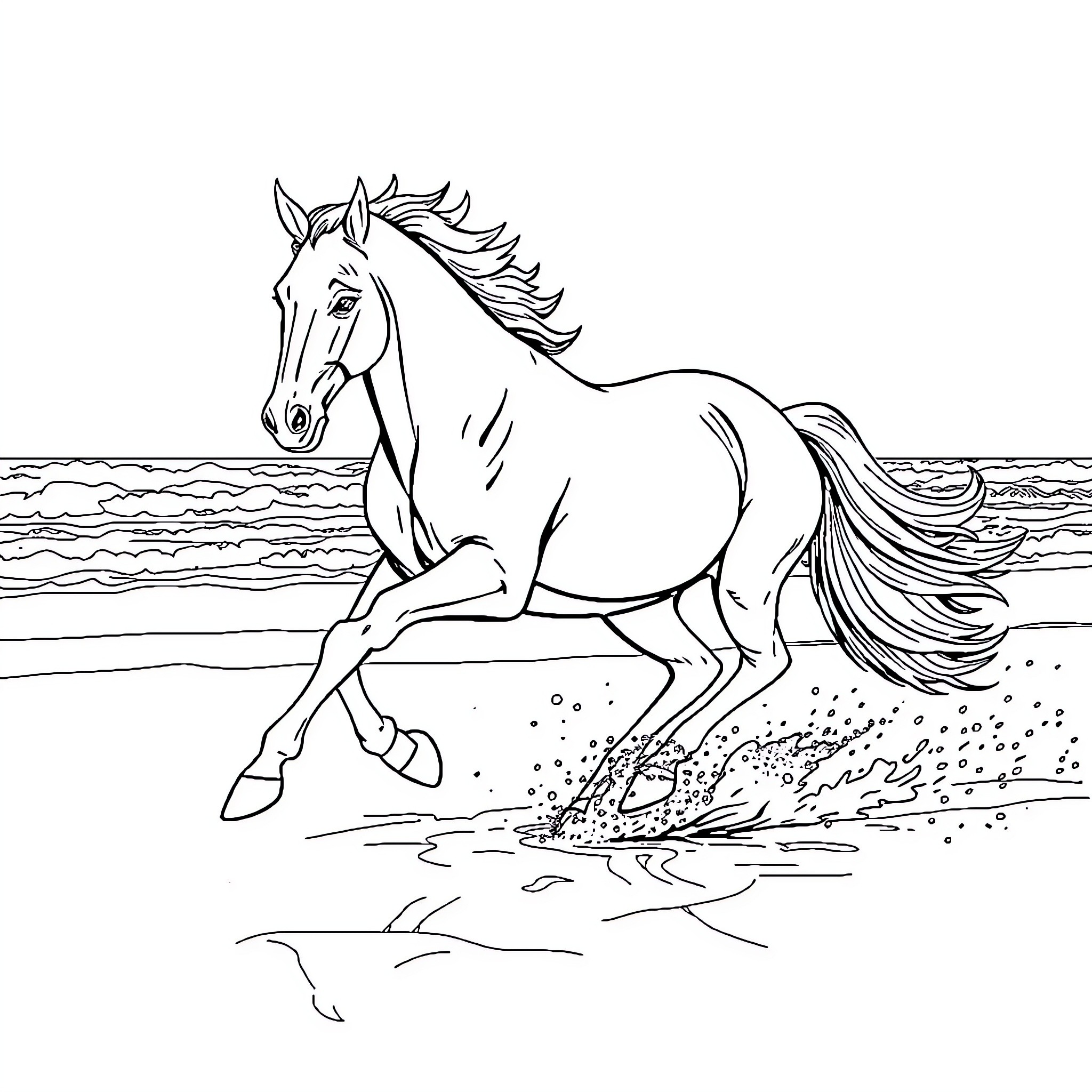 Horse galloping through waves on the beach Coloring Page (free black-and-white line drawing printable PDF for all, from beginners to advanced learners, including children, teens, adults, and seniors)