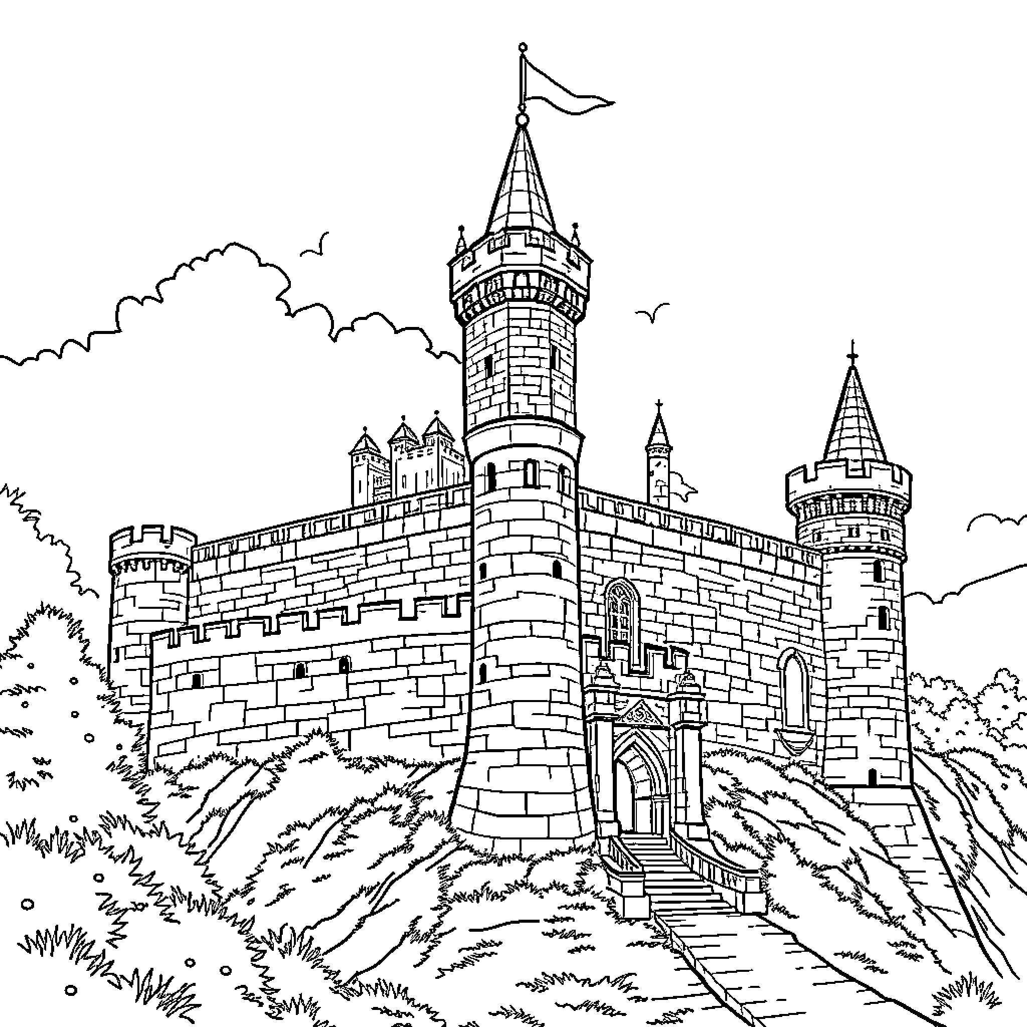 Castle with Towering Spires and Imposing Architecture Coloring Page (free black-and-white line drawing printable PDF for all, from beginners to advanced learners, including children, teens, adults, and seniors)