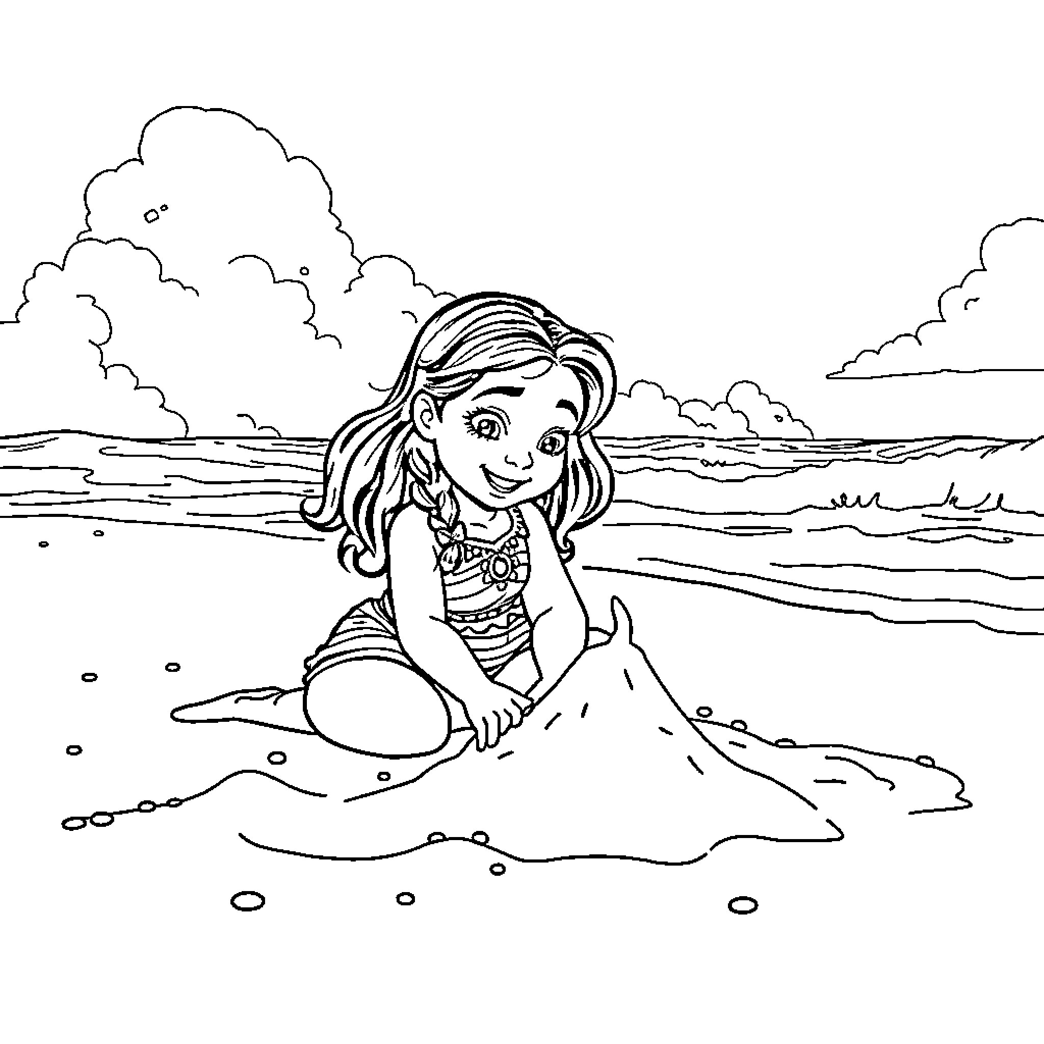 Girl building sandcastle on the beach Coloring Page (free black-and-white line drawing printable PDF for all, from beginners to advanced learners, including children, teens, adults, and seniors)