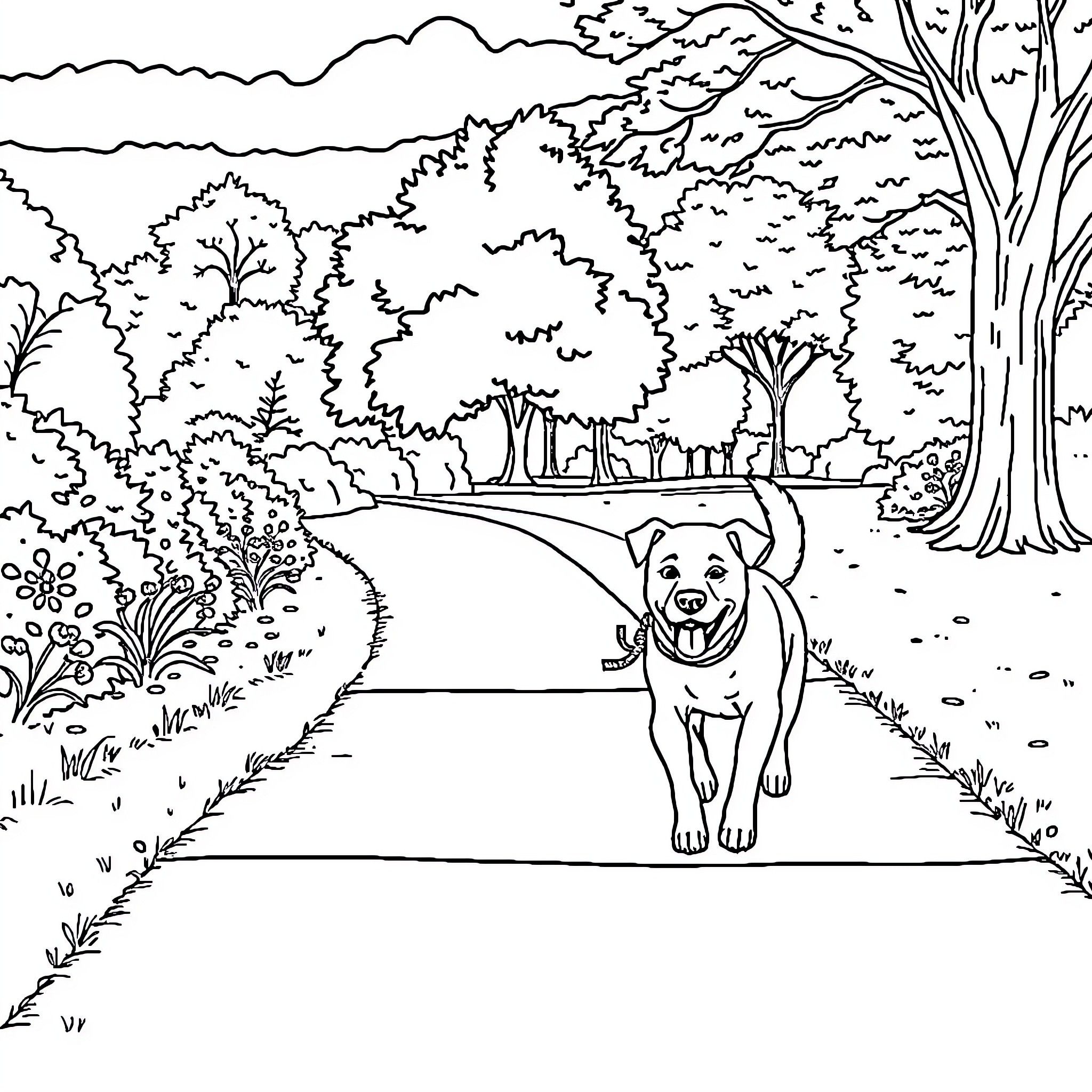 Dog exploring a tranquil forest path Coloring Page (free black-and-white line drawing printable PDF for all, from beginners to advanced learners, including children, teens, adults, and seniors)