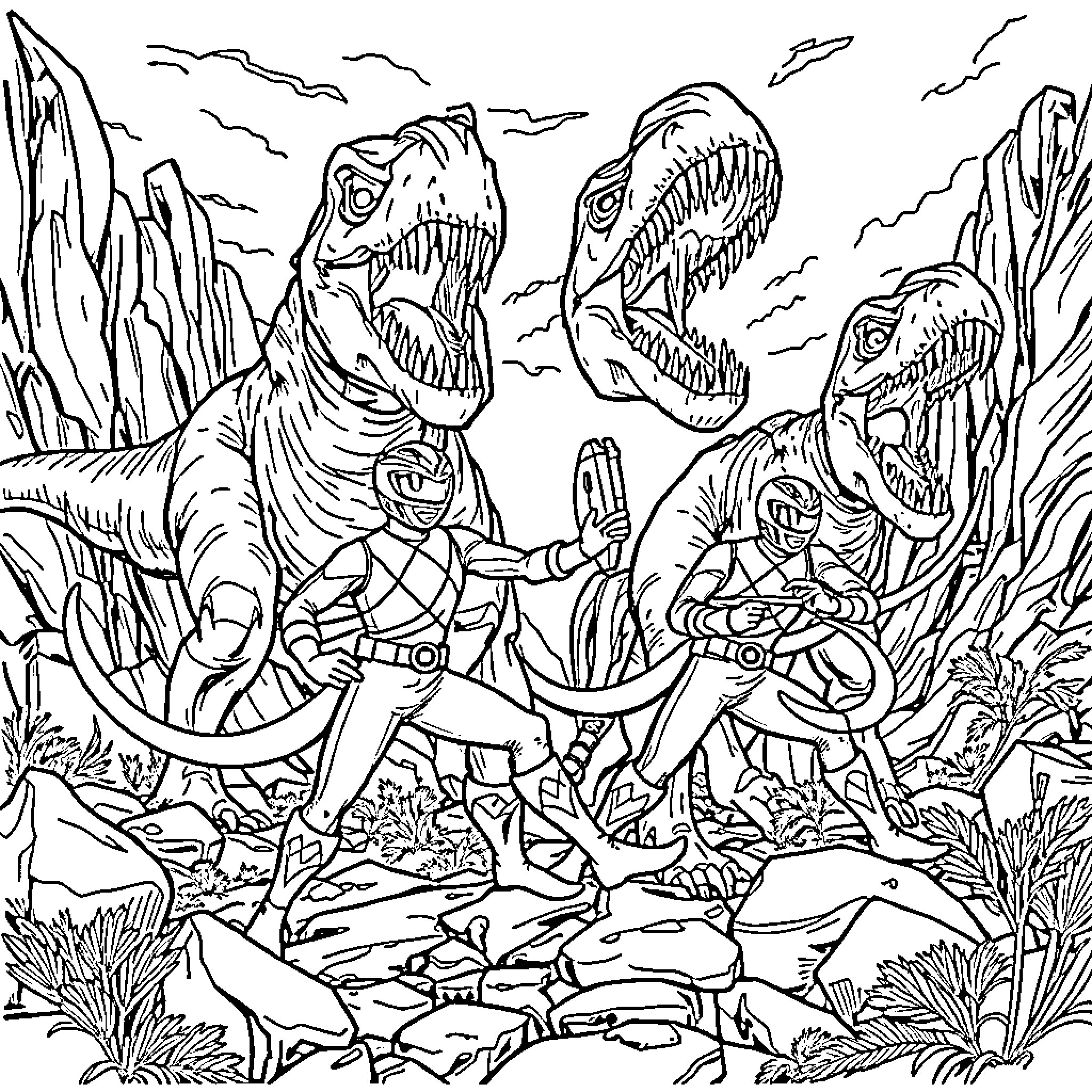 Power Rangers Battling Fierce Dinosaur Foes in Prehistoric Landscape Coloring Page (free black-and-white line drawing printable PDF for all, from beginners to advanced learners, including children, teens, adults, and seniors)