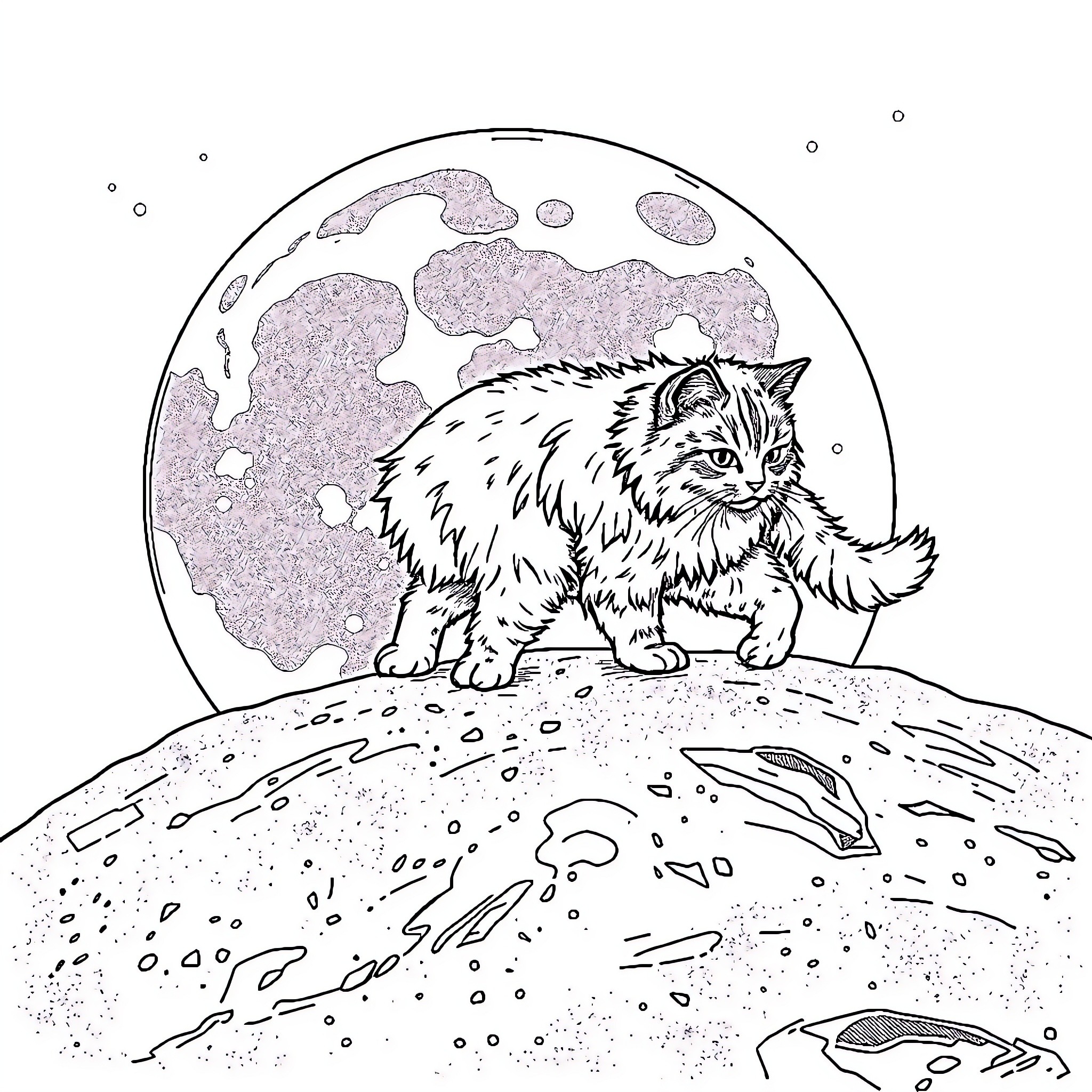 Cat gazing at the cosmic landscape Coloring Page (free black-and-white line drawing printable PDF for all, from beginners to advanced learners, including children, teens, adults, and seniors)