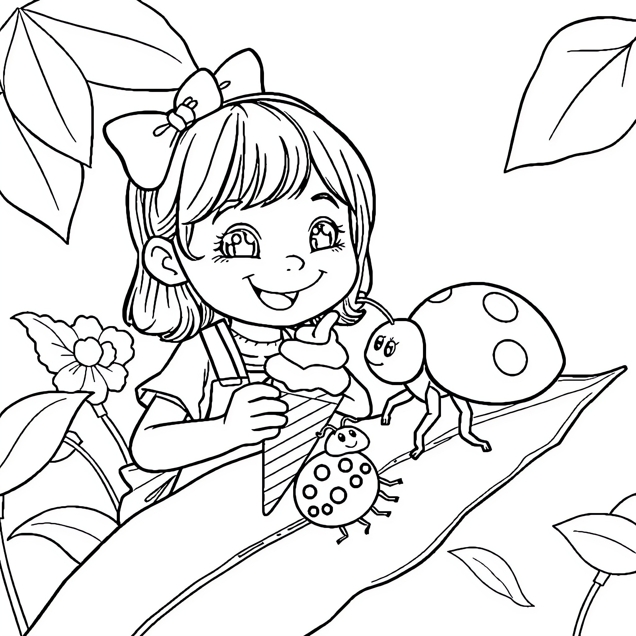 Girl exploring nature with insect friends Coloring Page (free black-and-white line drawing printable PDF for all, from beginners to advanced learners, including children, teens, adults, and seniors)