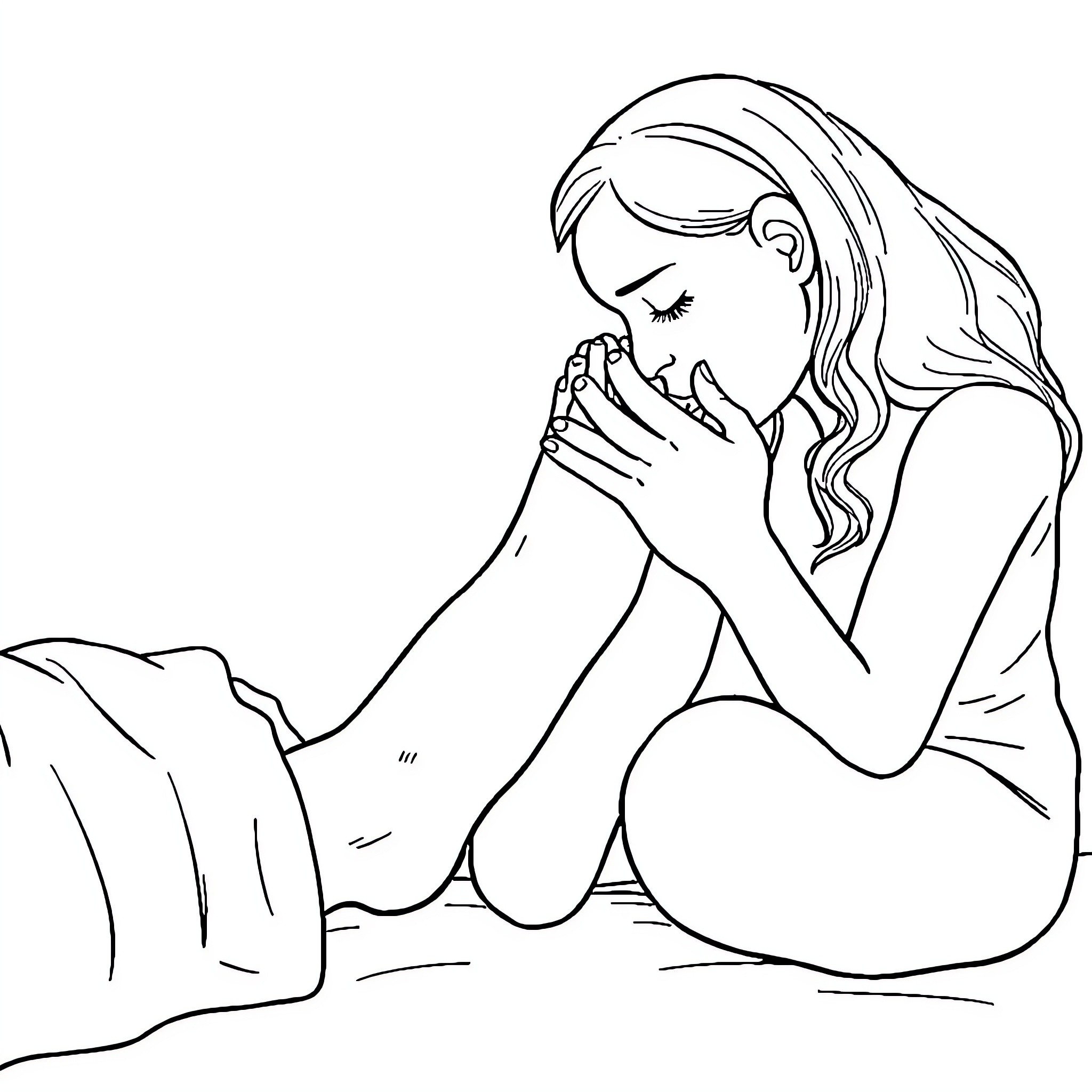 Foot of a pensive woman sitting alone Coloring Page (free black-and-white line drawing printable PDF for all, from beginners to advanced learners, including children, teens, adults, and seniors)