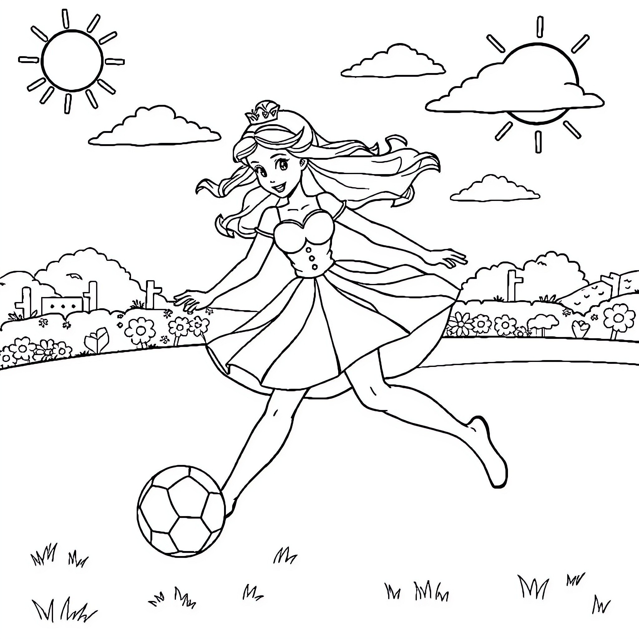 Princess Playing Soccer in a Sunny Meadow Coloring Page (free black-and-white line drawing printable PDF for all, from beginners to advanced learners, including children, teens, adults, and seniors)