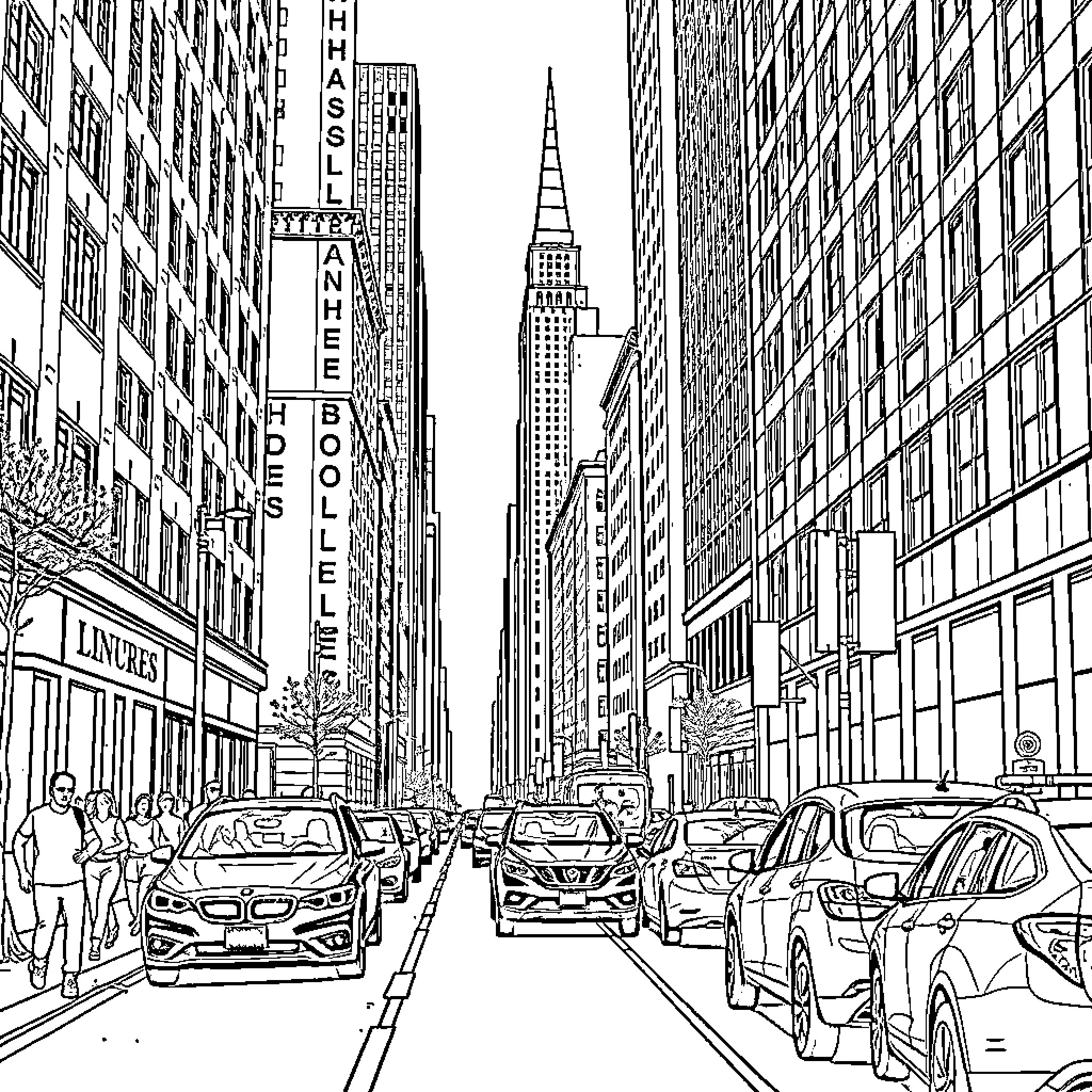 Street scene with high-rise buildings and busy traffic Coloring Page (free black-and-white line drawing printable PDF for all, from beginners to advanced learners, including children, teens, adults, and seniors)