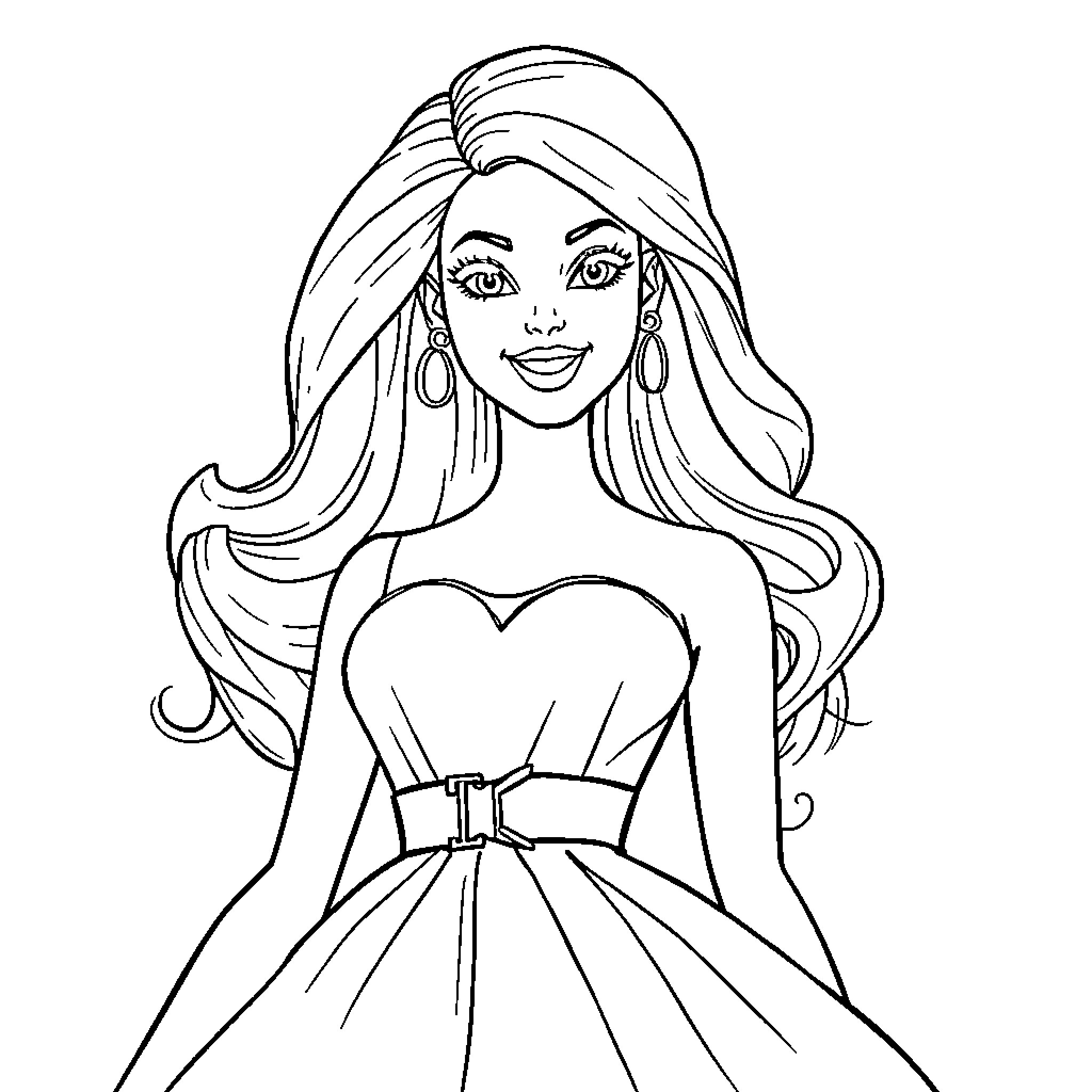 Barbie in a glamorous evening gown Coloring Page (free black-and-white line drawing printable PDF for all, from beginners to advanced learners, including children, teens, adults, and seniors)