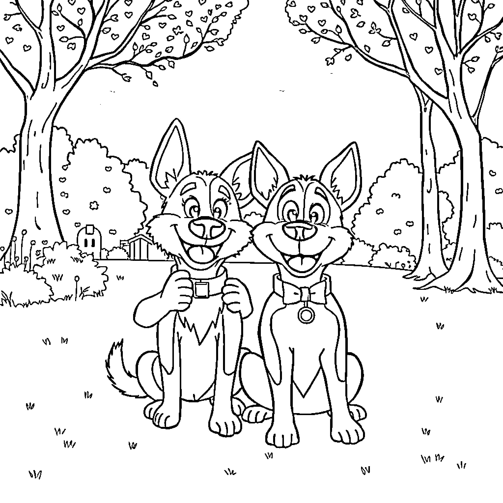 Bluey and Bingo playing together in the woods Coloring Page (free black-and-white line drawing printable PDF for all, from beginners to advanced learners, including children, teens, adults, and seniors)