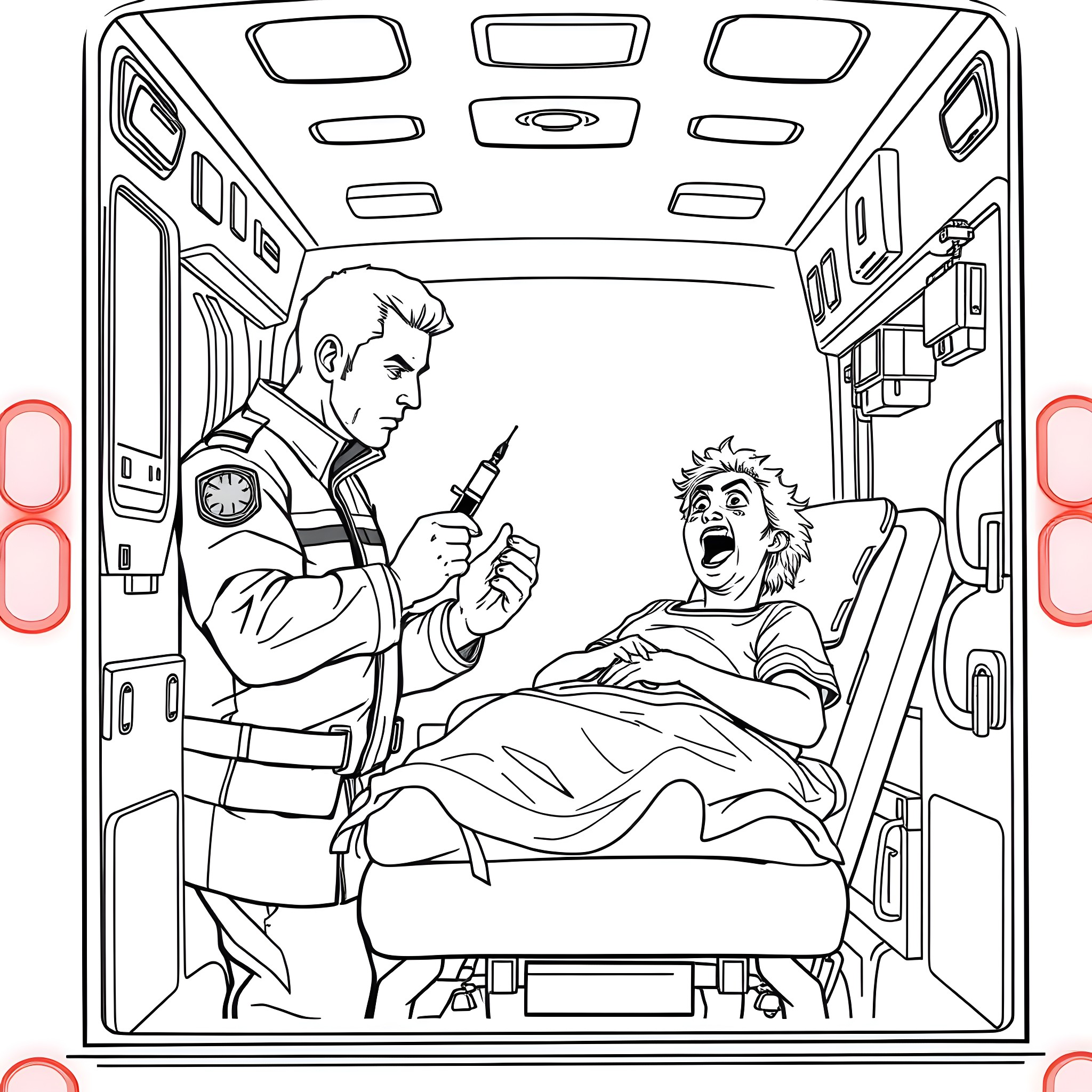 Paramedic providing emergency care to a patient Coloring Page (free black-and-white line drawing printable PDF for all, from beginners to advanced learners, including children, teens, adults, and seniors)