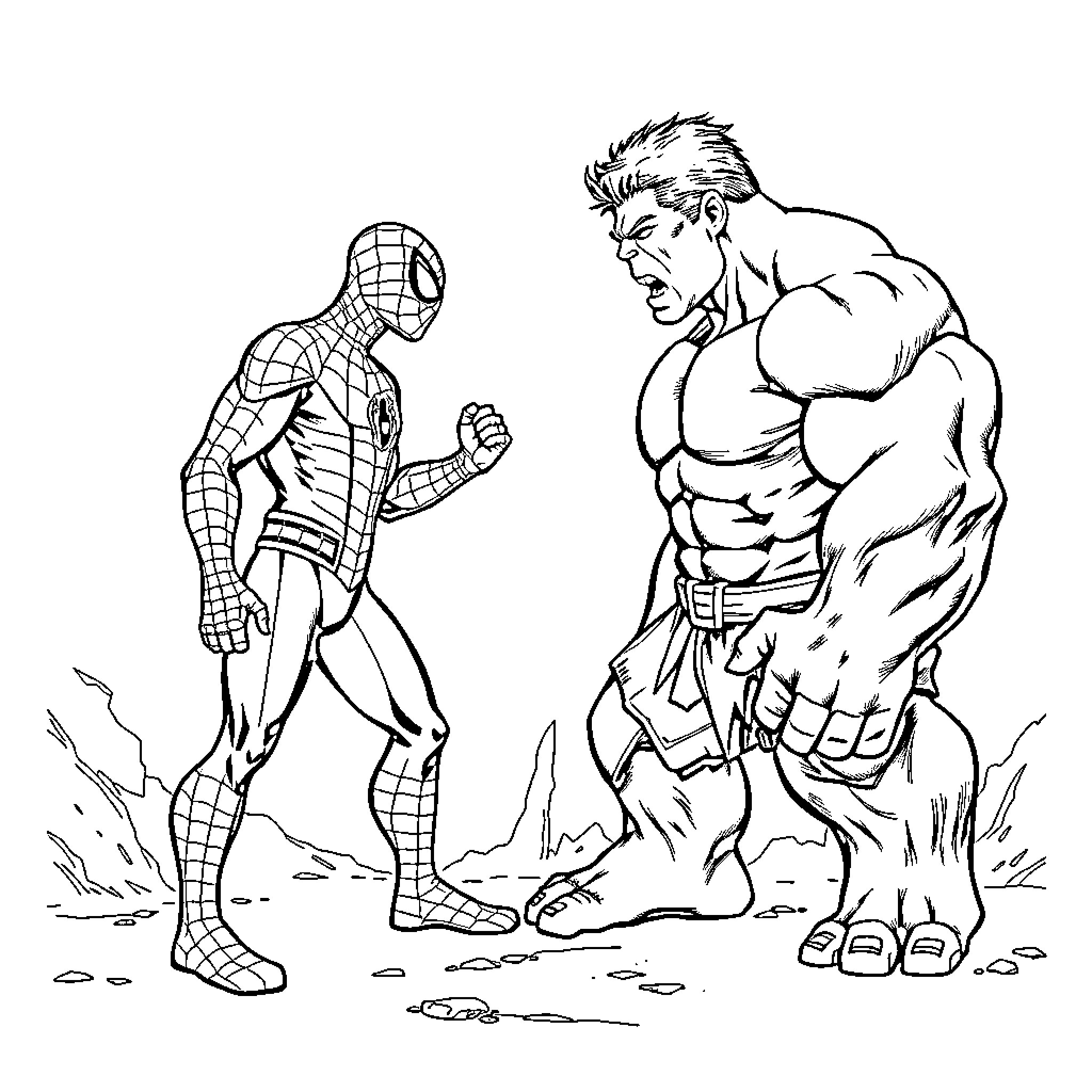 Spiderman facing off against muscular foe Coloring Page (free black-and-white line drawing printable PDF for all, from beginners to advanced learners, including children, teens, adults, and seniors)