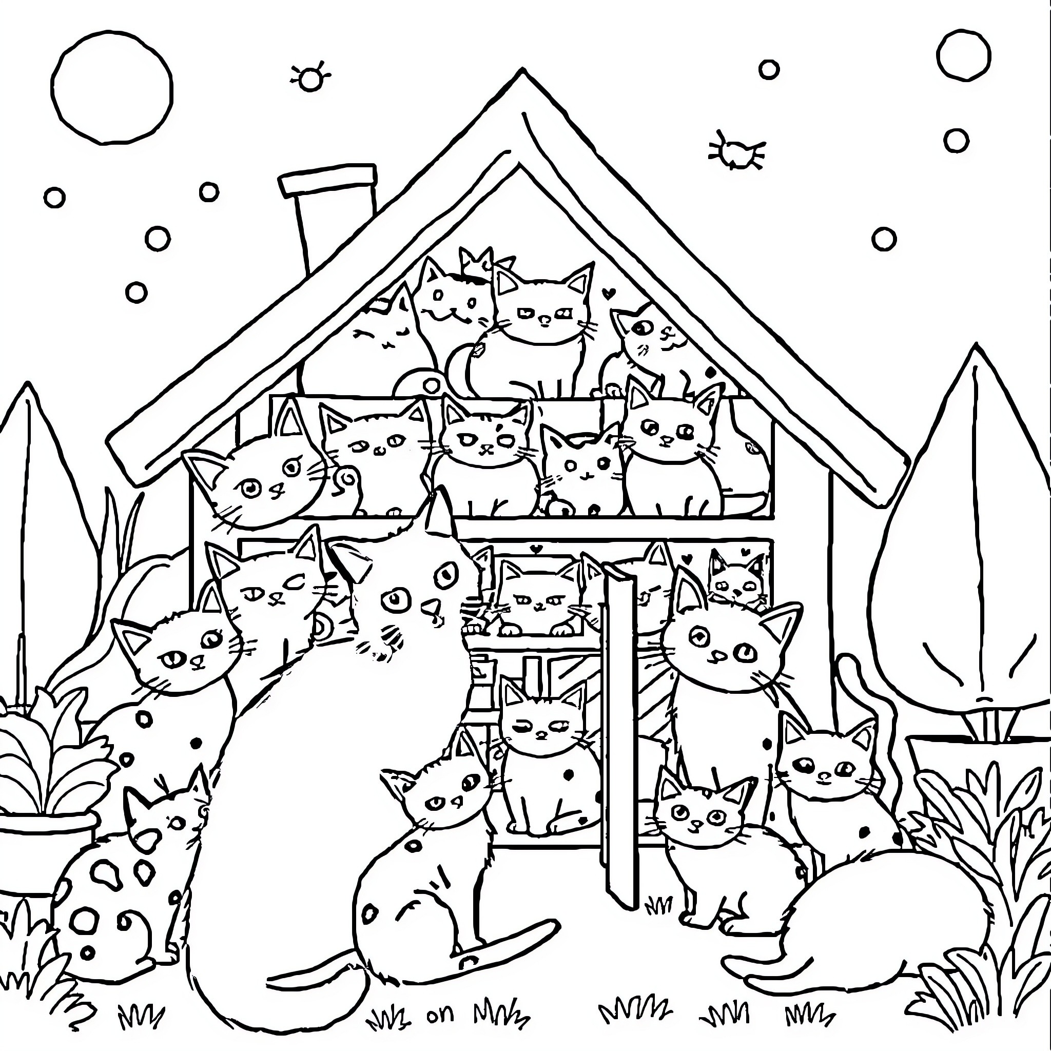 Cat Sanctuary with Feline Friends Coloring Page (free black-and-white line drawing printable PDF for all, from beginners to advanced learners, including children, teens, adults, and seniors)