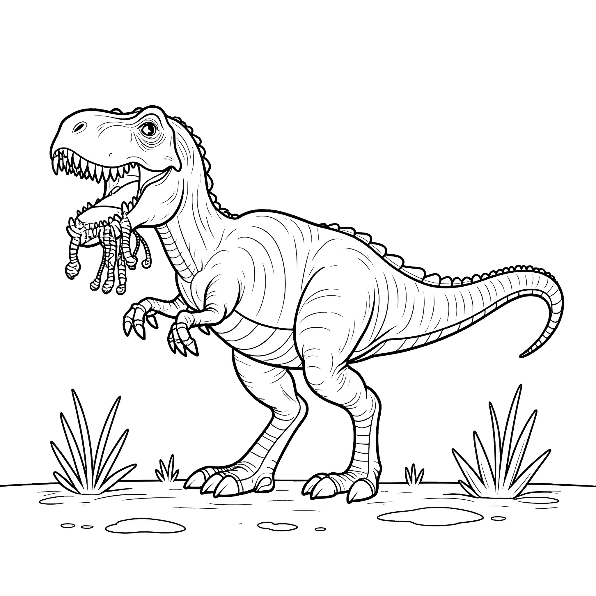 T-Rex Dinosaur Roaring in the Wilderness Coloring Page (free black-and-white line drawing printable PDF for all, from beginners to advanced learners, including children, teens, adults, and seniors)