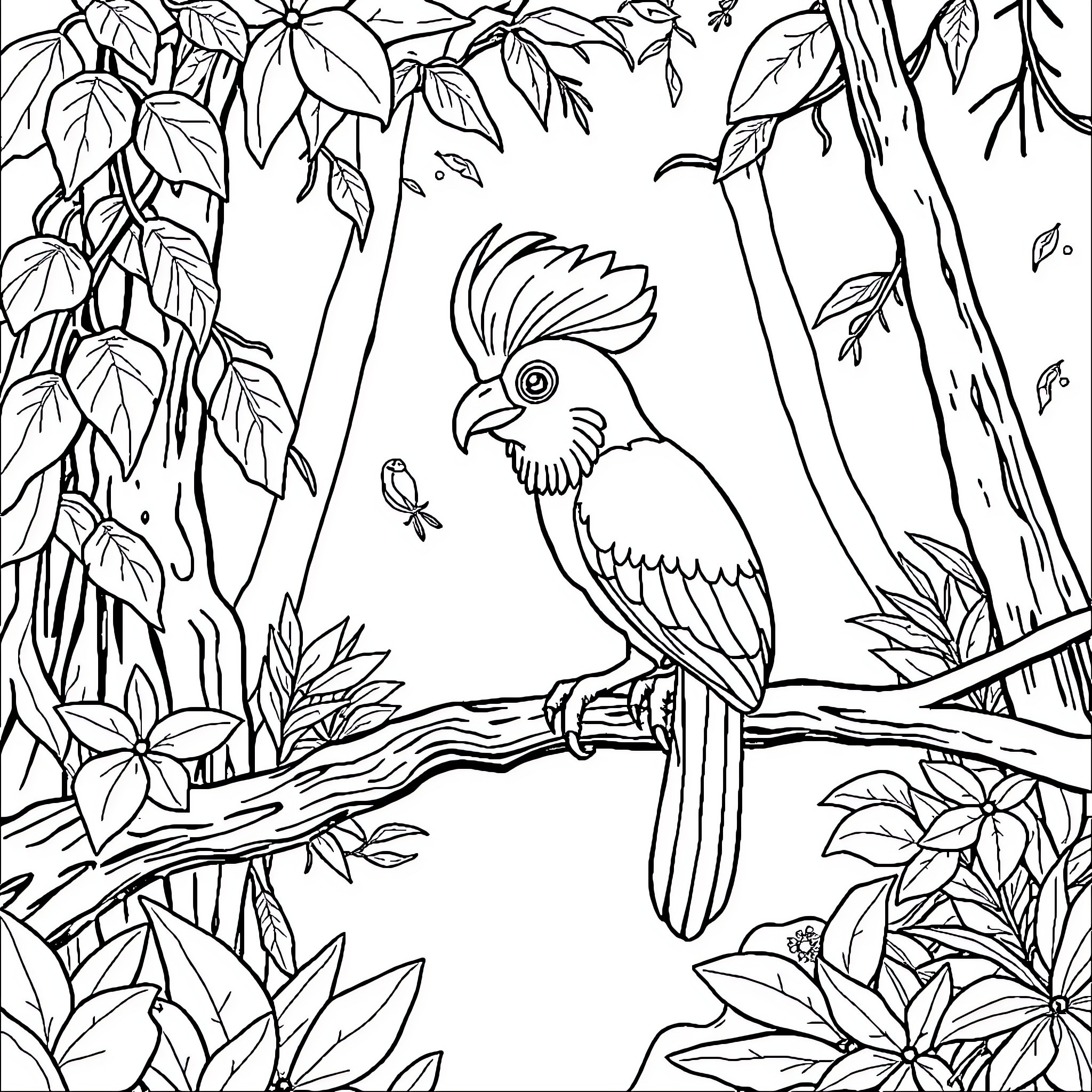 Animal perched in lush tropical foliage Coloring Page (free black-and-white line drawing printable PDF for all, from beginners to advanced learners, including children, teens, adults, and seniors)