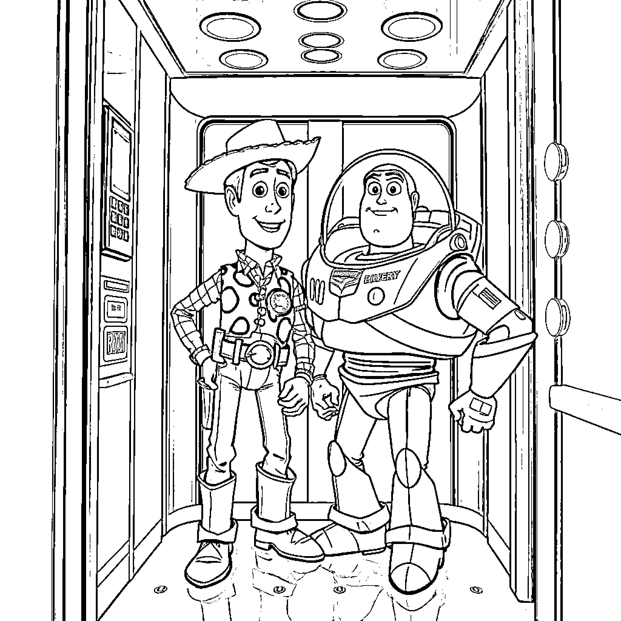 Woody and Buzz in an elevator adventure Coloring Page (free black-and-white line drawing printable PDF for all, from beginners to advanced learners, including children, teens, adults, and seniors)