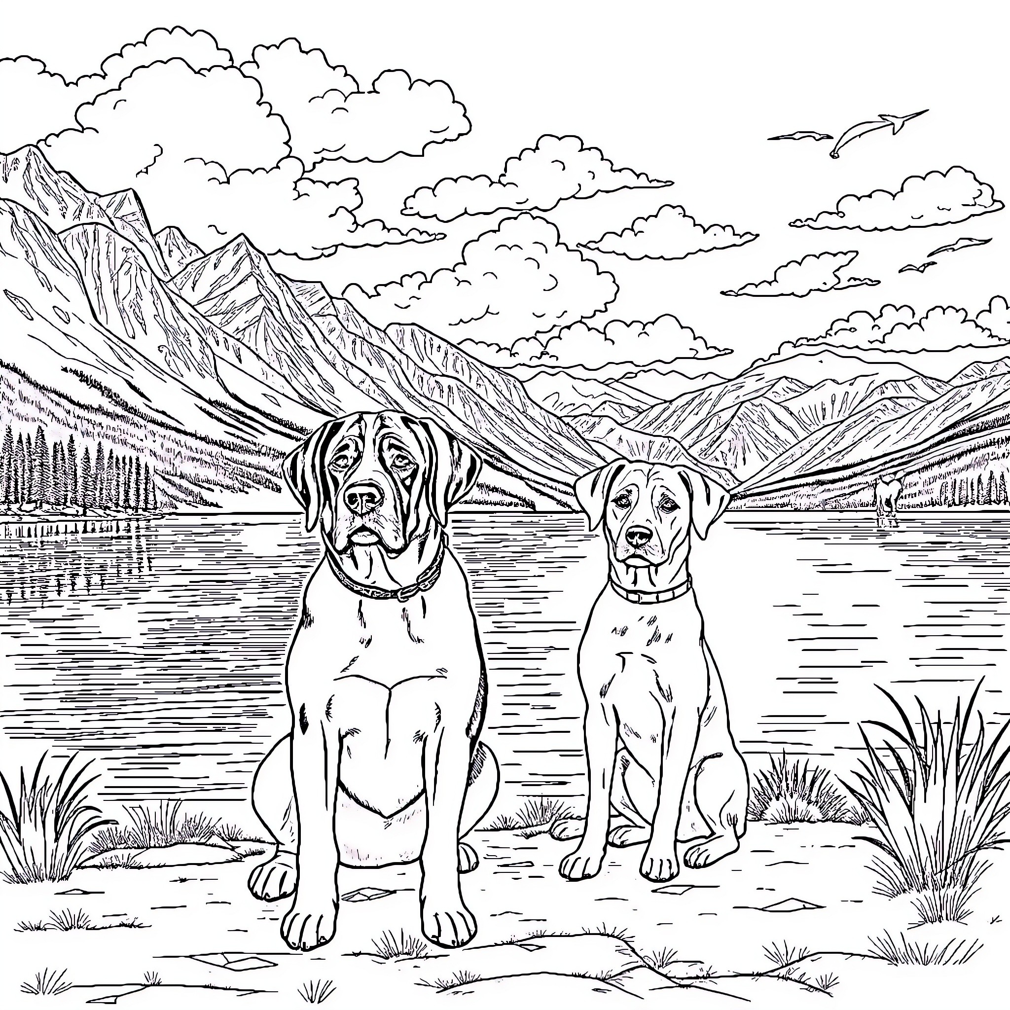 Bernard and Bianca exploring a scenic mountain lake Coloring Page (free black-and-white line drawing printable PDF for all, from beginners to advanced learners, including children, teens, adults, and seniors)