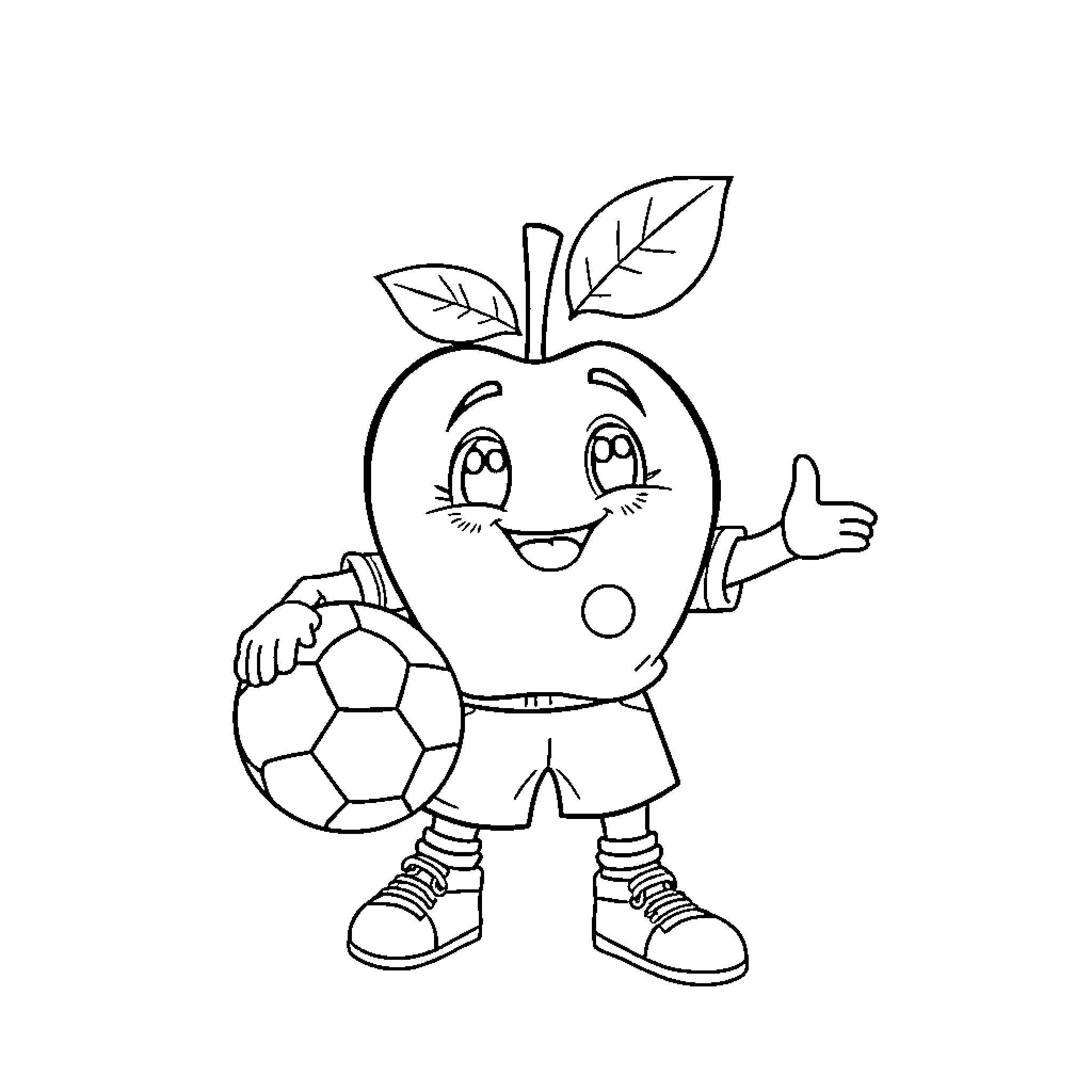 Apple character playing soccer happily Coloring Page (free black-and-white line drawing printable PDF for all, from beginners to advanced learners, including children, teens, adults, and seniors)